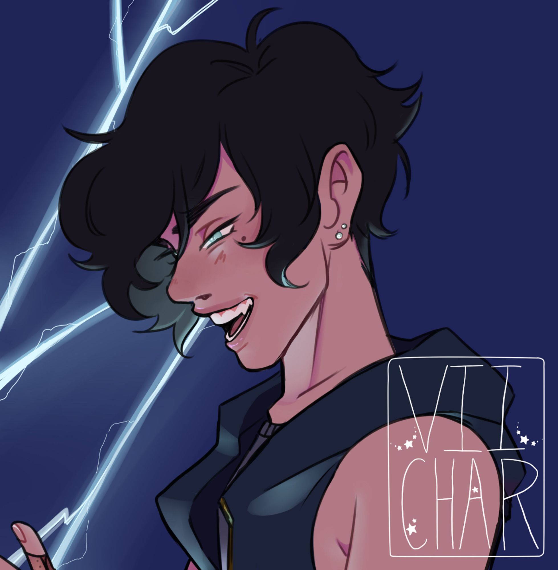 A drawing of a guy with dark wavy hair and blue eyes smiling menacingly with a lightning behind him