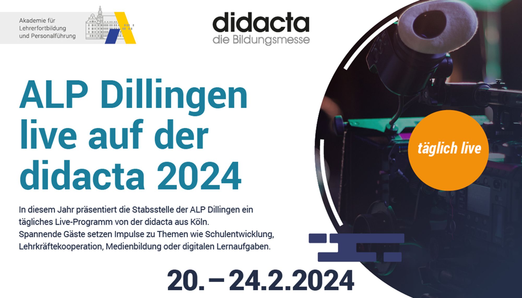 ALP Dillingen sendet eSessions live von der didacta 2024 in Köln vom 20.-24.2.2024.