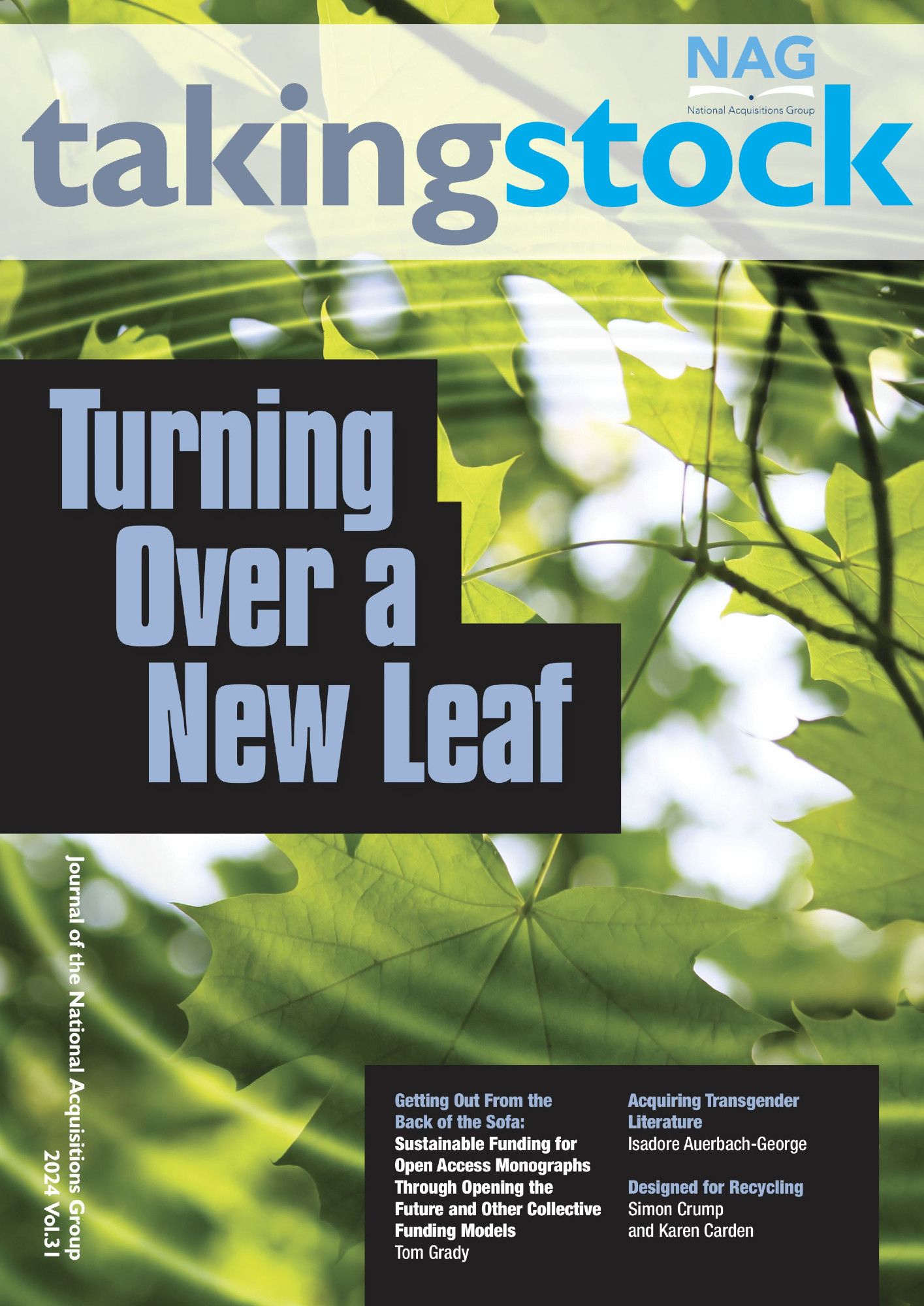 Cover image of volume 31 with title Turning Over a New Leaf and image of sunlight through leaves on a tree