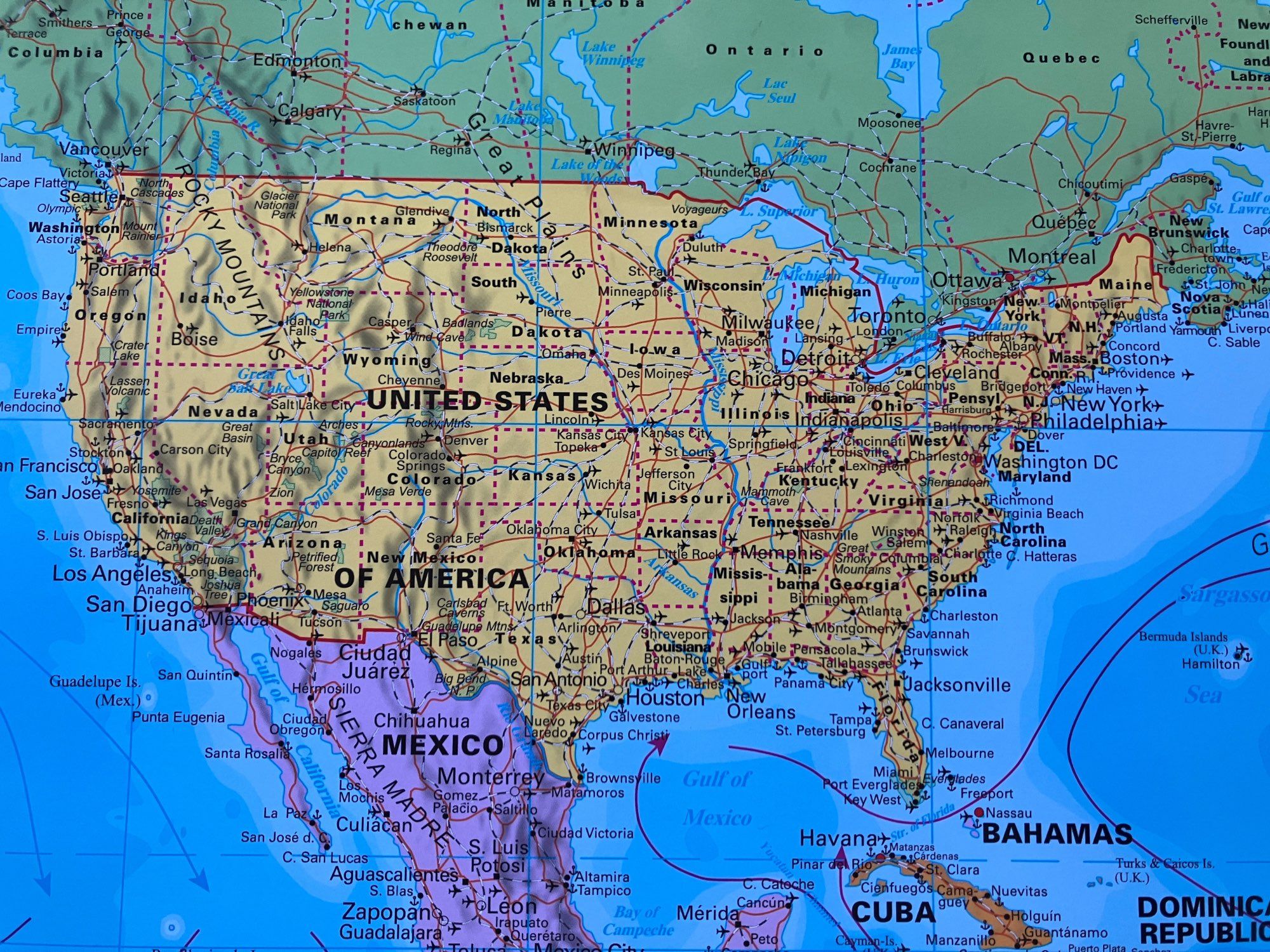 A snapshot of a world map showing the United States. The state borders are hilariously incorrect, with some borders just missing entirety.