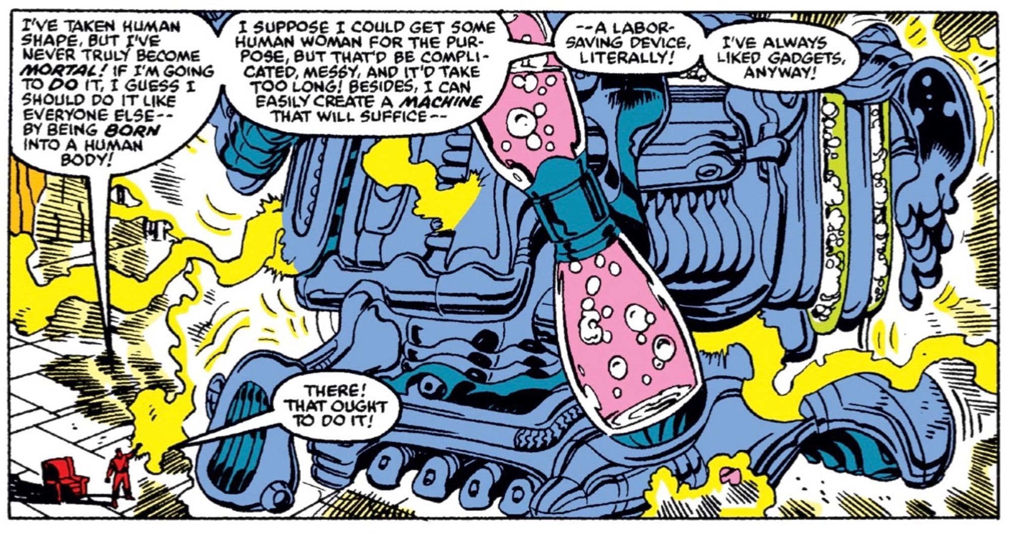 The Beyonder making a machine to rebirth himself in Secret Wars II #9.