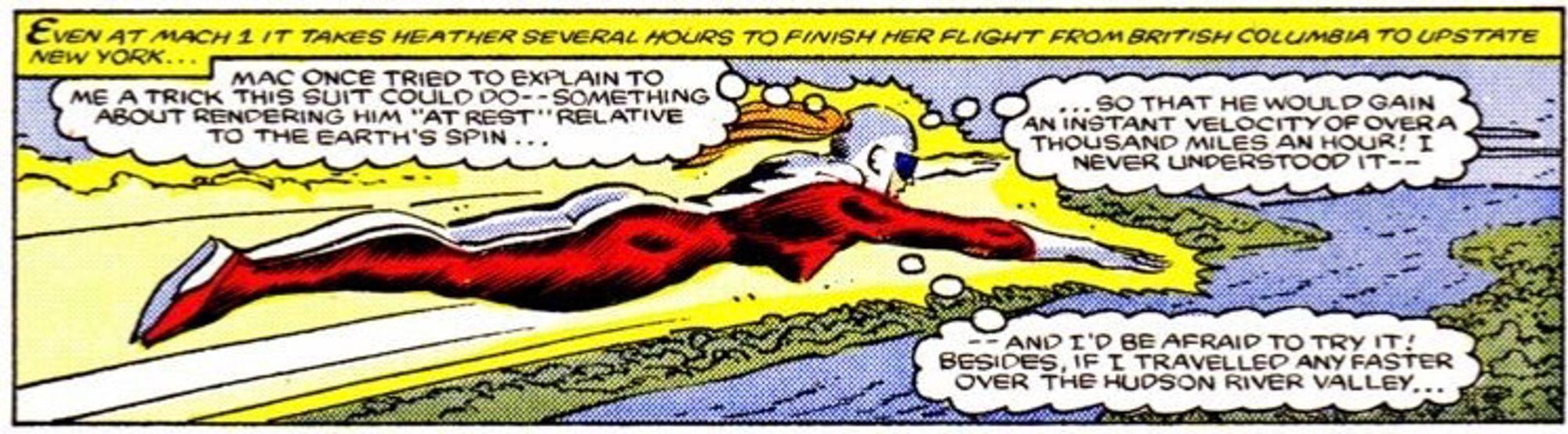 Vindicator flying by somehow decoupling her velocity from the earth in Alpha Flight #33.