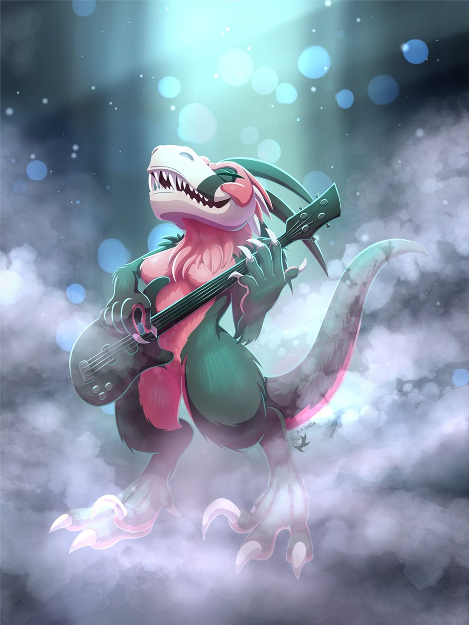 Forte the Raptor, a pink and black velociraptor, shredding on a bass guitar while surrounded by fog and stage lights
#Dinosaur #Velociraptor #DinosaurArt