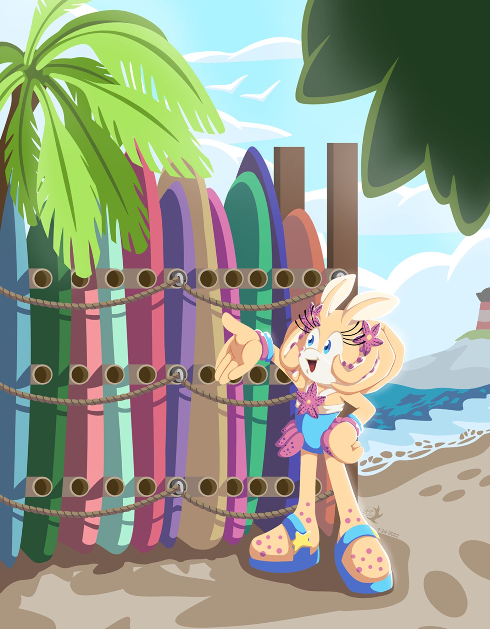 Plumeria the Octopus standing on a beach presenting a set of surf boards
#Sonic #SonictheHedgehog #SonicOC