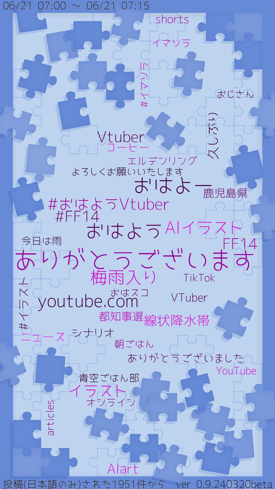 前半 対象期間【06/21 07:00 ～ 06/21 07:30】
ありがとうございます おはよー おはよう 梅雨入り youtube.com AIイラスト イラスト Vtuber FF14 線状降水帯 久しぶり AIart ニュース.