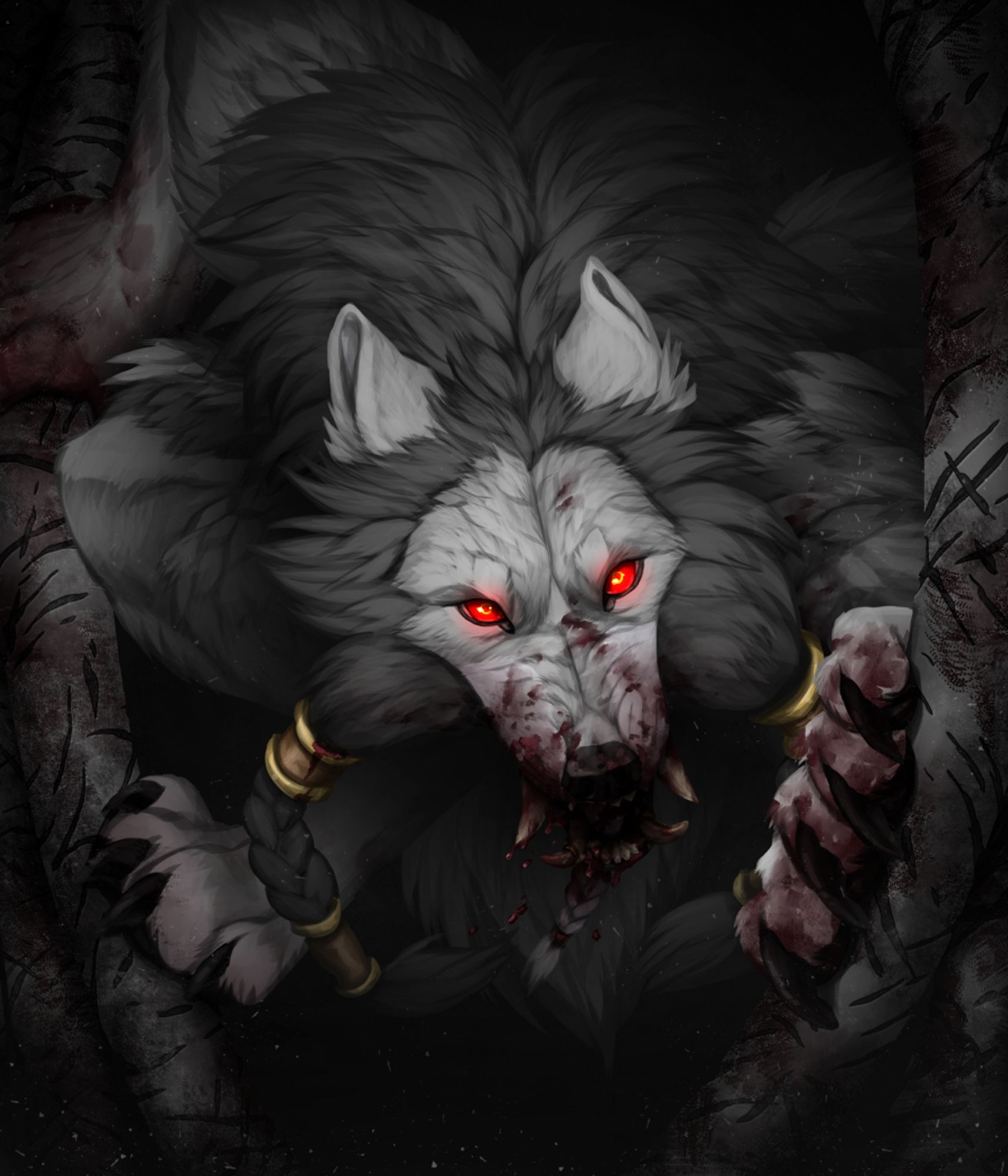 Mjodvitnir a gray furred werewolf with glowing red eyes steps through a gap in two trees. Mjod's muzzle and claws are bloodied in this version.