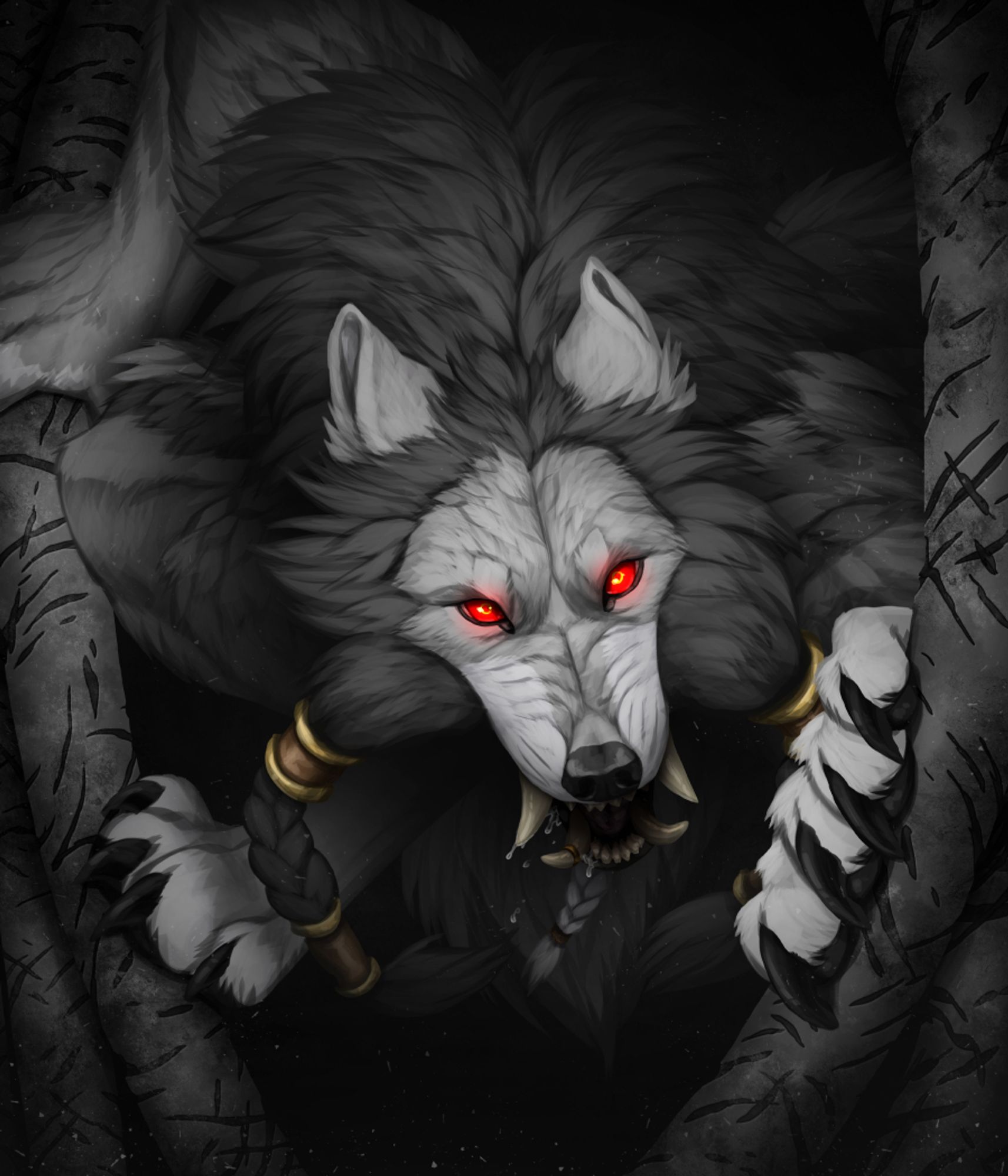 Mjodvitnir a gray furred werewolf with glowing red eyes steps through a gap in two trees.