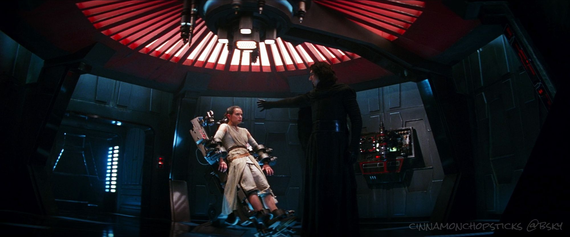 Kylo tries to read Rey's mind during the interrogation, wide-shot. Scene from The Force Awakens.