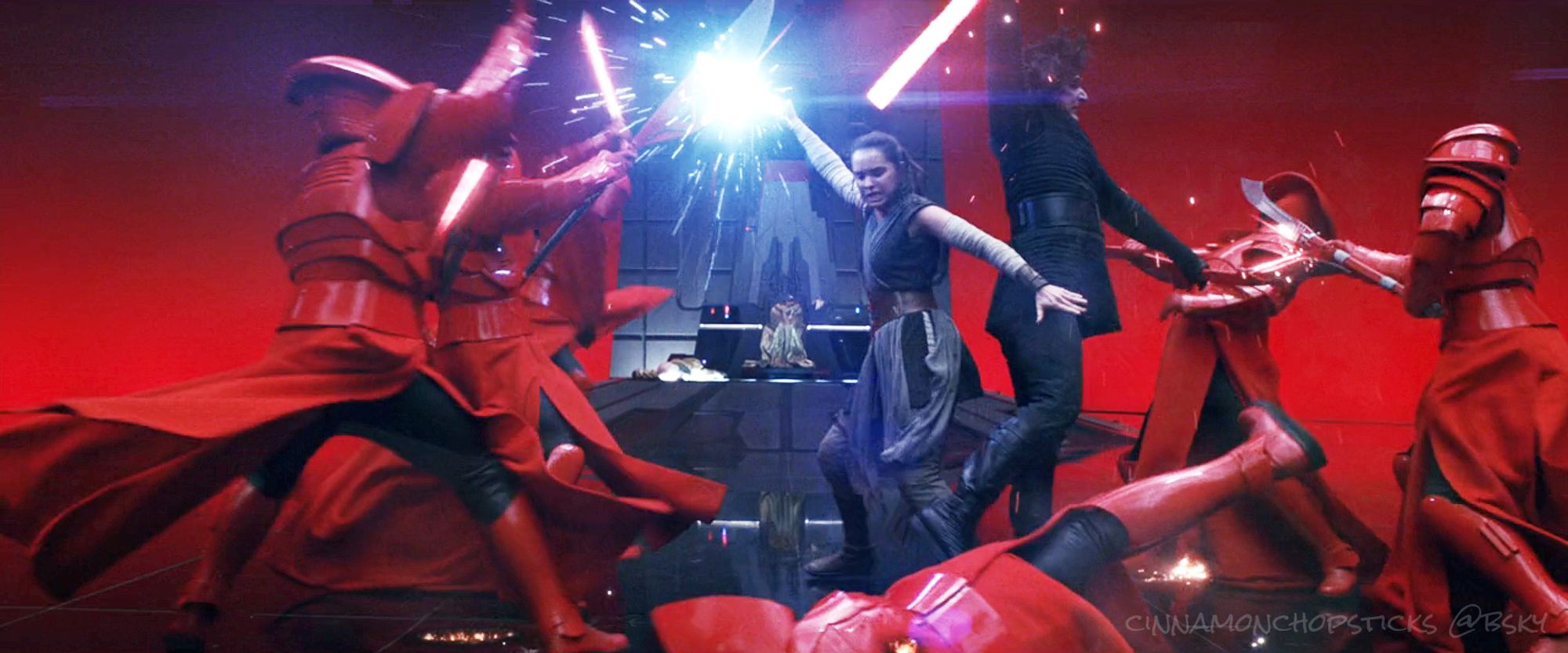 Rey and Ben fight the Praetorian guard in The Last Jedi. Oh and the famous thigh grab!