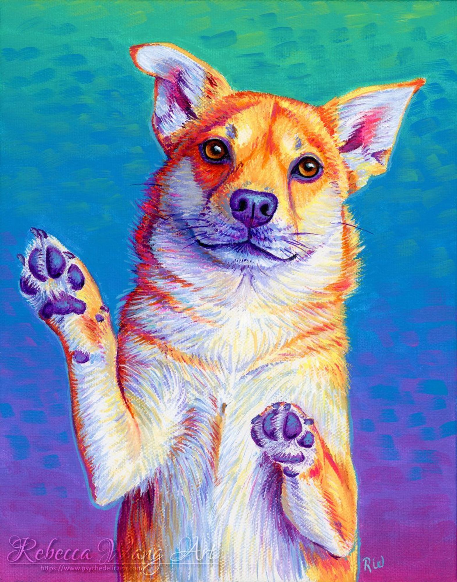 A colorful painting of a dog in bright rainbow colors.