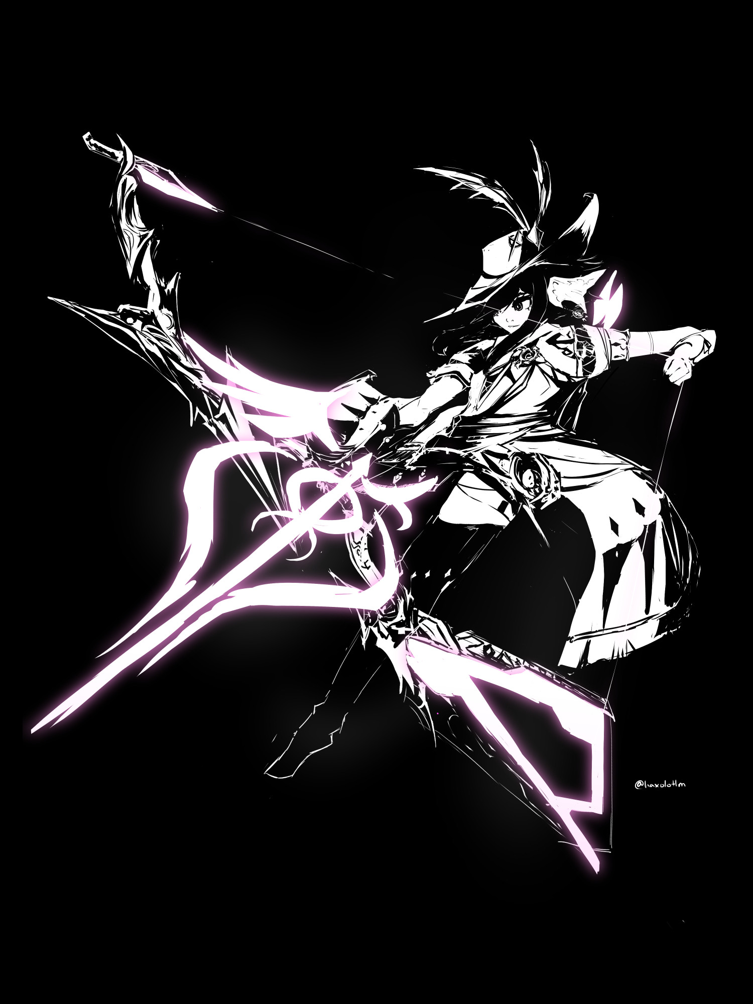 high contrast black and white drawing of a final fantasy 14 bard shooting a bow