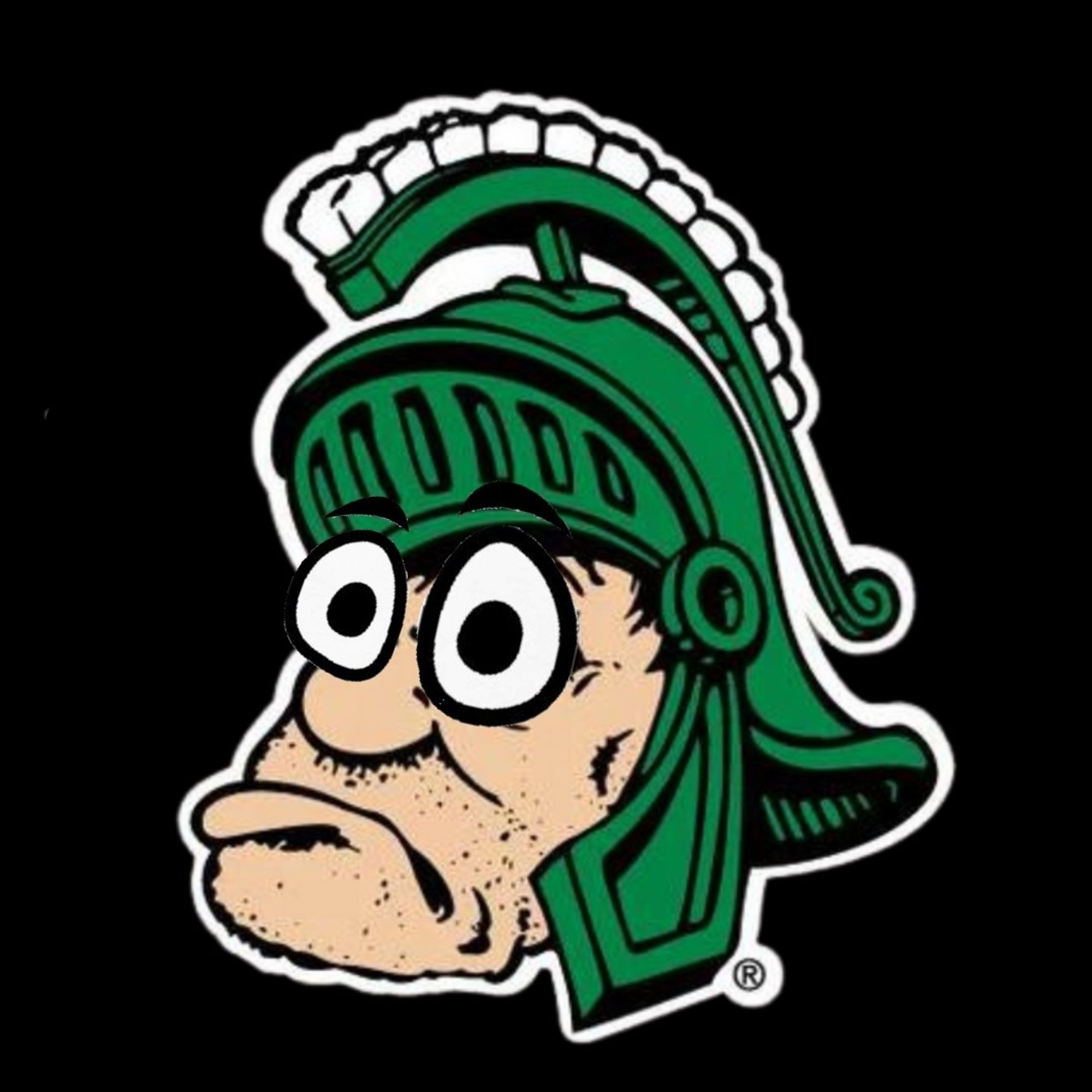 Big Red mascot eyes photoshopped onto Sparty mascot head