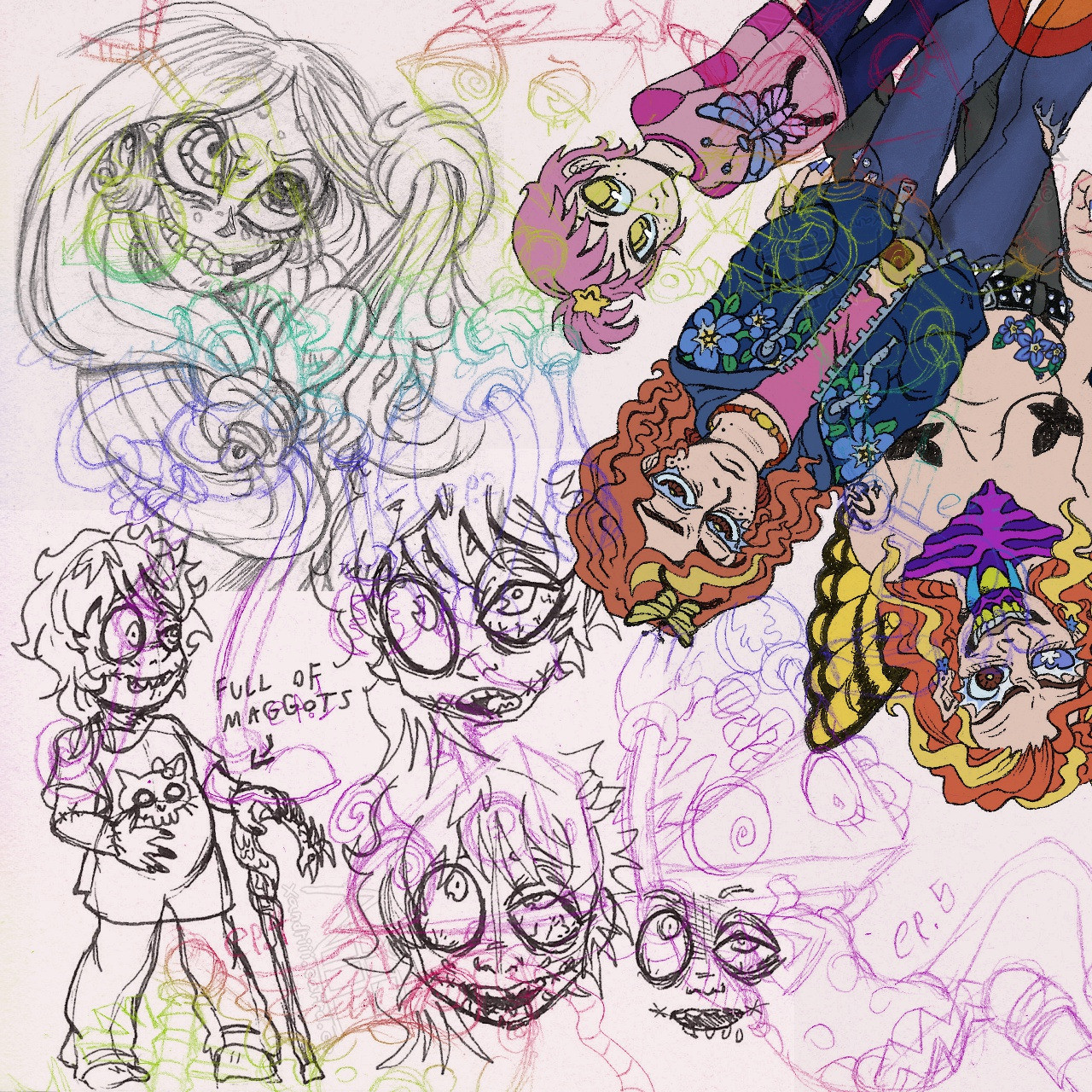 collage of character drawings, ranging from a character brushing their hair with a manic expression, three different stages of the same character, a zombie kid with the text "full of maggots" next to them, and rough sketches of Zooble from The Amazing Digital Circus laid over all of them.