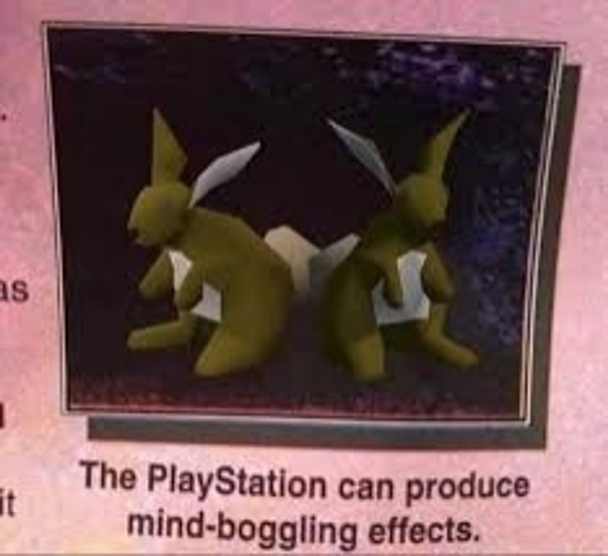 Edited screenshot of an article featuring two polygonal rabbits captioned "The PlayStation can produce mind-boggling effects"