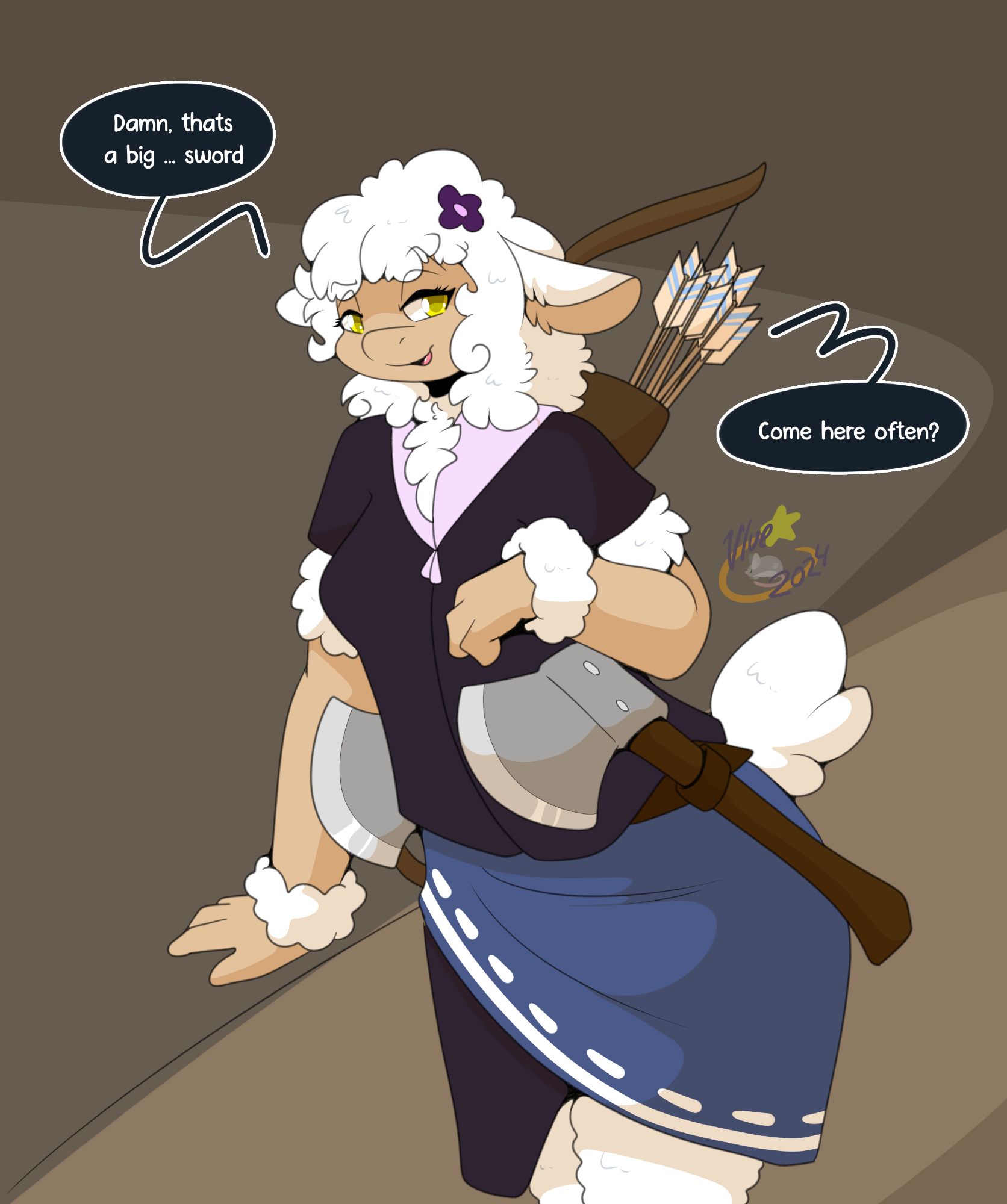 artwork of an anthro female sheep character leaning on a wall and looking flirtaciously at the viewer. she has a quiver and arrows on her back and an axe holstered on each hip. she is saying "Damn, thats a big ... sword. Come here often?"