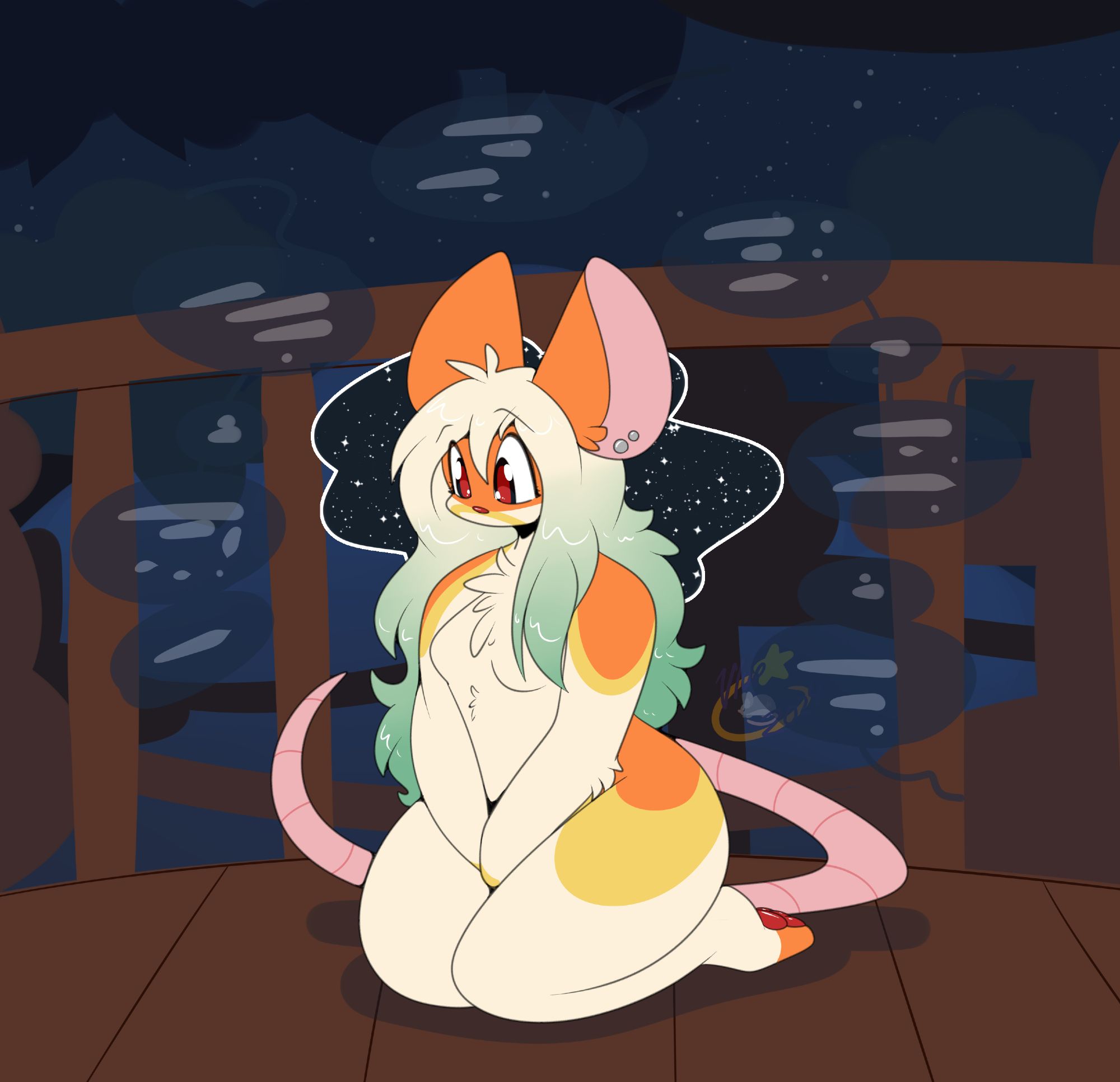 artwork of an anthro female mouse on her kness on a sort of platform just staring blankly in front of her while inaudible conversation happens around her. a sea of stars is in a bubble behind her head.