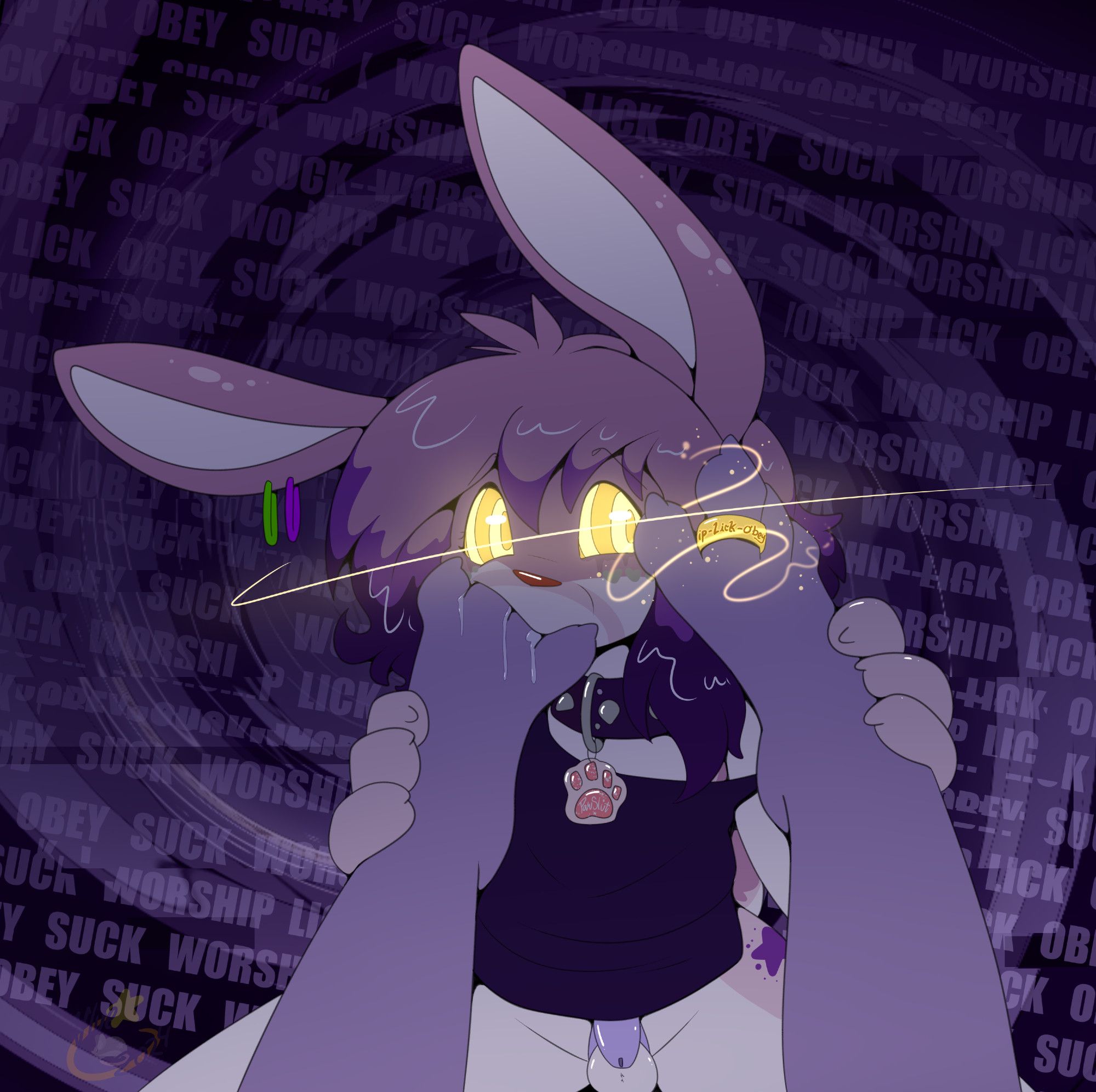 artwork of an anthro male bunny kneeling in front a pair of paws belonging to the viewer. the bunny has swirls in his eyes and is staring at a toe ring attached to one of the paws and is sucking on the toes of the other paw. he is wearing a collar with a tag on it that says pawslut and is also wearing a chastity cage. the toe ring has the engraving visible: "ip - lick - obey". the background has the phrases repeated: "worship lick obey suck"