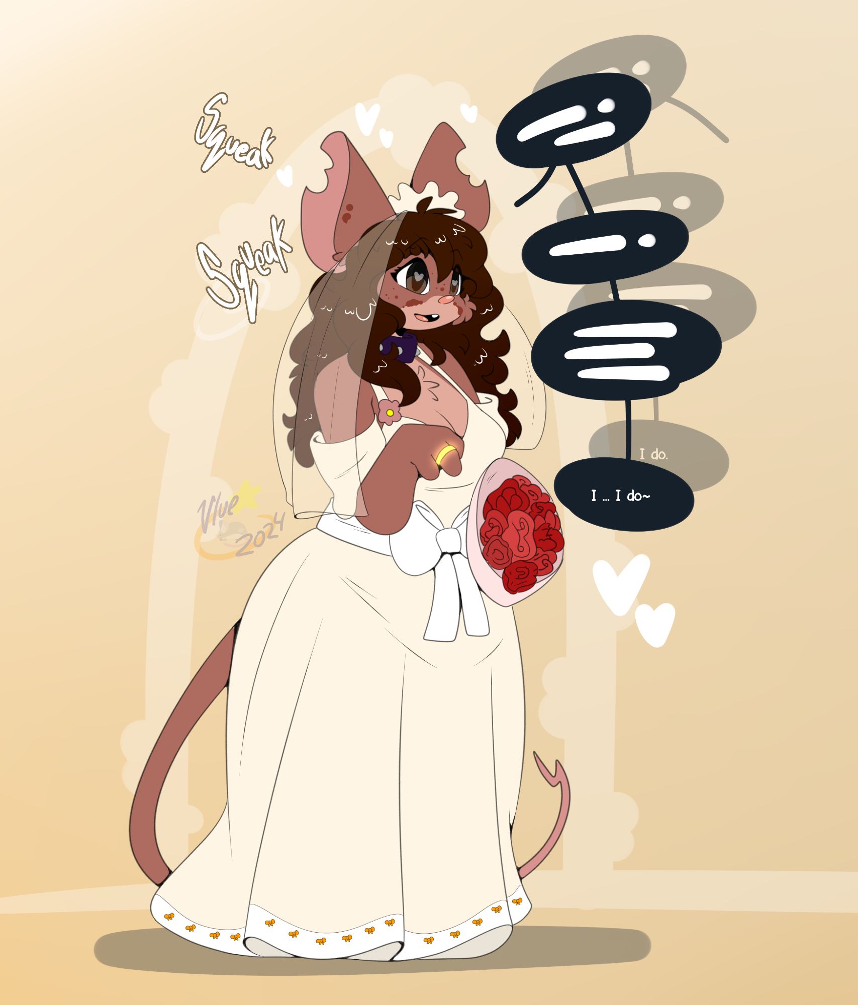 artwork of a feminine-looking mouse standing in a wedding dress. it is holding a boquet of roses in one paw and gently holding up its other paw which has a glowing gold ring on it. it has hearts in its eyes as it smiles in a daze. a series of speech bubbles with unreadable text (except for the last which reads: "I ... I do~") shows the mouse is repeating words back that it is being told.