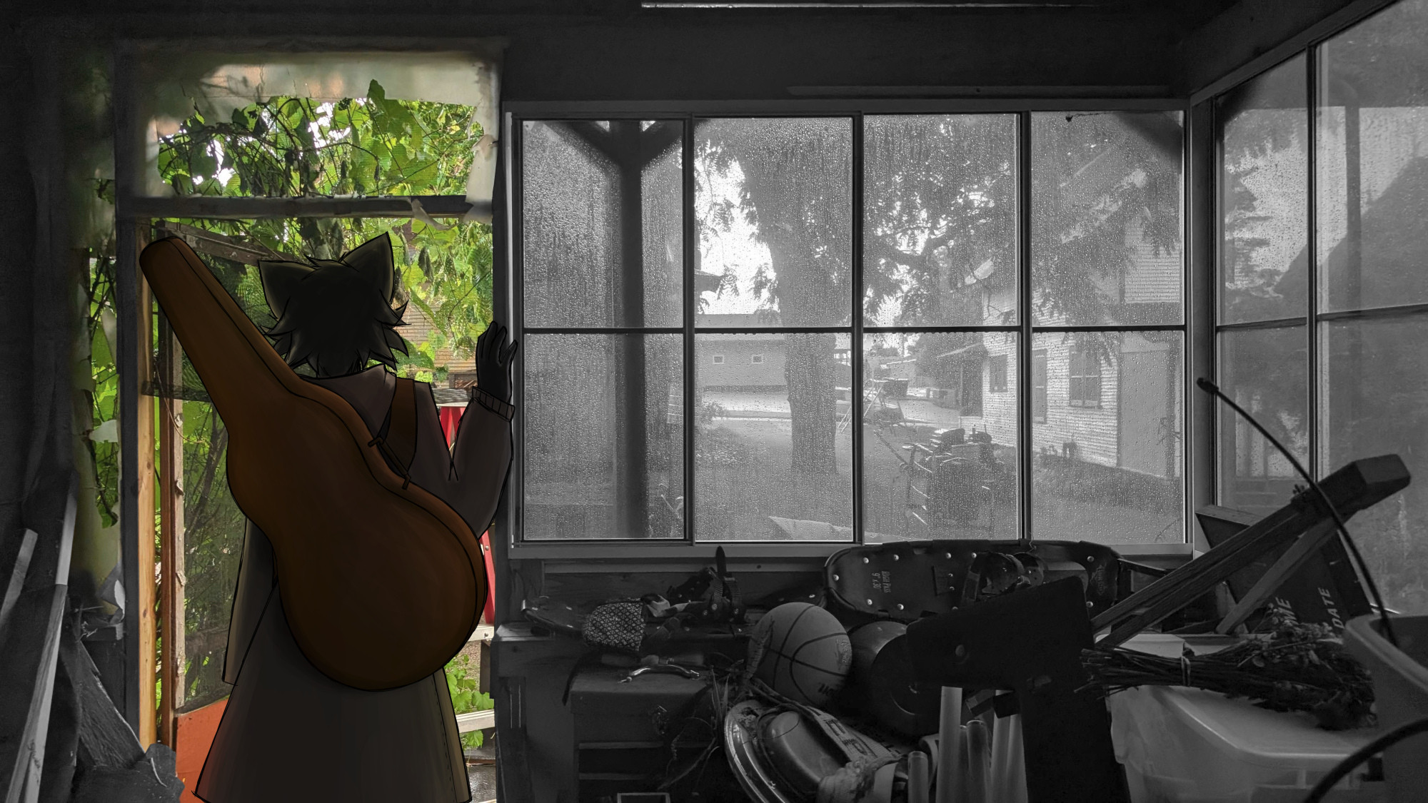 Art of Kaiju The Cat, adorned in her long jacket and guitar case, leaning against a door frame looking outside. Inside the room is a very messy area in grayscale.