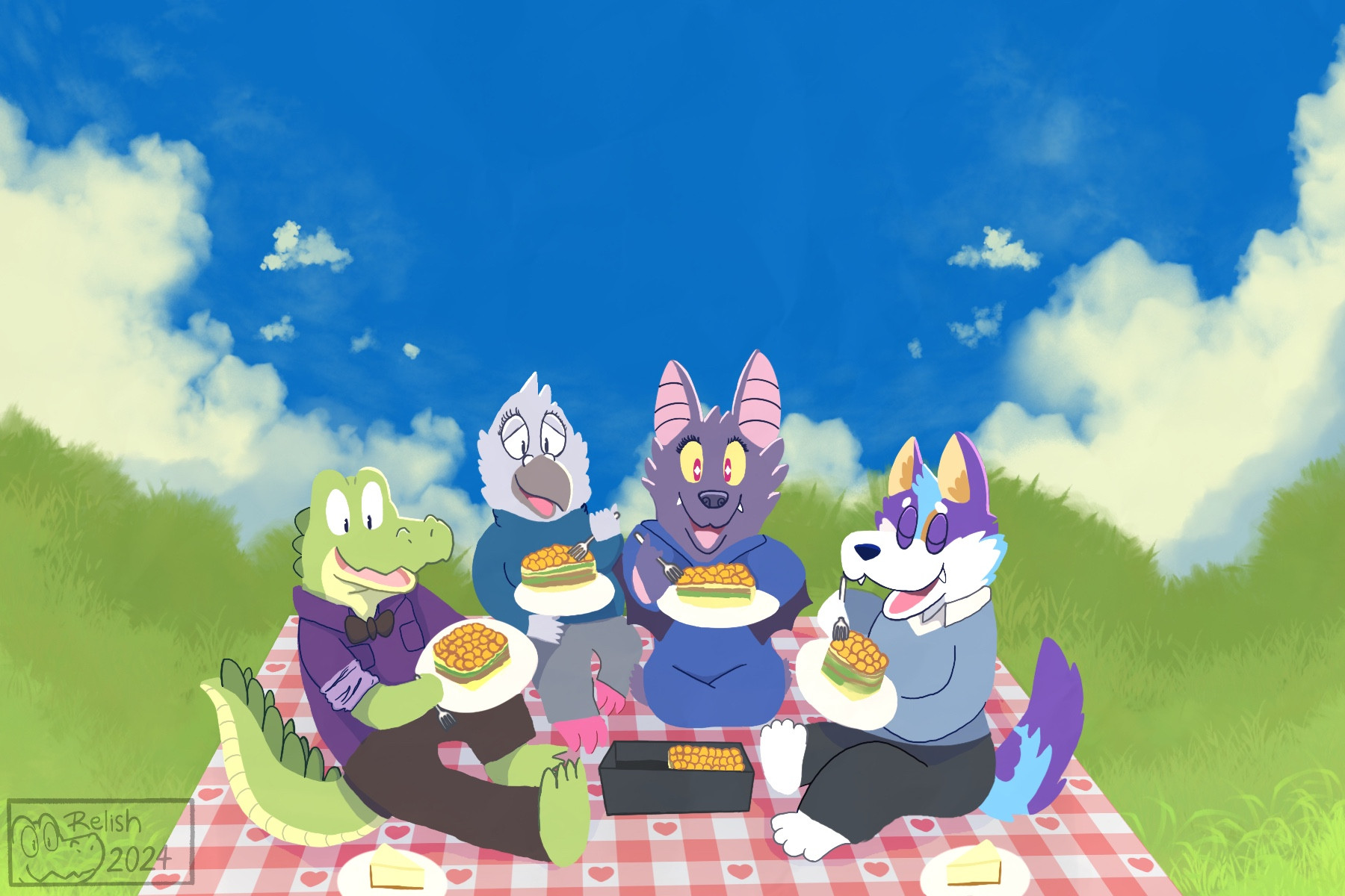 From left to right, an alligator, a pigeon, a bat and a dog sit together on a picnic blanket and enjoy a green bean casserole together. On the picnic blanket you can spot cheesecake and the pan the casserole was baked in. Behind them is a rich blue sky with clouds.