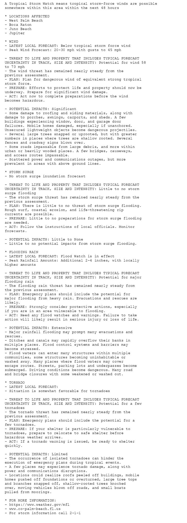 A Tropical Storm Watch means tropical storm-force winds are possible
somewhere within this area within the next 48 hours

* LOCATIONS AFFECTED
- West Palm Beach
- Boca Raton
- Juno Beach
- Jupiter

* WIND
- LATEST LOCAL FORECAST: Below tropical storm force wind
- Peak Wind Forecast: 20-30 mph with gusts to 45 mph

- THREAT TO LIFE AND PROPERTY THAT INCLUDES TYPICAL FORECAST
UNCERTAINTY IN TRACK, SIZE AND INTENSITY: Potential for wind 58
to 73 mph
- The wind threat has remained nearly steady from the
previous assessment.
- PLAN: Plan for dangerous wind of equivalent strong tropical
storm force.
- PREPARE: Efforts to protect life and property should now be
underway. Prepare for significant wind damage.
- ACT: Act now to complete preparations before the wind
becomes hazardous.

- POTENTIAL IMPACTS: Significant
- Some damage to roofing and siding materials, along with
damage to porches, awnings, carports, and sheds. A few
buildings experiencing window, door, and garage door
failures. Mobile homes damaged, especially if unanchored.
Unsecured lightweight objects become dangerous projectiles.
- Several large trees snapped or uprooted, but with greater
numbers in places where trees are shallow rooted. Several
fences and roadway signs blown over.
- Some roads impassable from large debris, and more within
urban or heavily wooded places. A few bridges, causeways,
and access routes impassable.
- Scattered power and communications outages, but more
prevalent in areas with above ground lines.

* STORM SURGE
- No storm surge inundation forecast

- THREAT TO LIFE AND PROPERTY THAT INCLUDES TYPICAL FORECAST
UNCERTAINTY IN TRACK, SIZE AND INTENSITY: Little to no storm
surge flooding
- The storm surge threat has remained nearly steady from the
previous assessment.
- PLAN: There is little to no threat of storm surge flooding.
Rough surf, coastal erosion, and life-threatening rip
currents are possible.
- PREPARE: Little to no preparations for storm surge flooding
are needed.
- ACT: Follow the instructions of local officials. Monitor
forecasts.

- POTENTIAL IMPACTS: Little to None
- Little to no potential impacts from storm surge flooding.

* FLOODING RAIN
- LATEST LOCAL FORECAST: Flood Watch is in effect
- Peak Rainfall Amounts: Additional 2-4 inches, with locally
higher amounts

- THREAT TO LIFE AND PROPERTY THAT INCLUDES TYPICAL FORECAST
UNCERTAINTY IN TRACK, SIZE AND INTENSITY: Potential for major
flooding rain
- The flooding rain threat has remained nearly steady from
the previous assessment.
- PLAN: Emergency plans should include the potential for
major flooding from heavy rain. Evacuations and rescues are
likely.
- PREPARE: Strongly consider protective actions, especially
if you are in an area vulnerable to flooding.
- ACT: Heed any flood watches and warnings. Failure to take
action will likely result in serious injury or loss of life.

- POTENTIAL IMPACTS: Extensive
- Major rainfall flooding may prompt many evacuations and
rescues.
- Ditches and canals may rapidly overflow their banks in
multiple places. Flood control systems and barriers may
become stressed.
- Flood waters can enter many structures within multiple
communities, some structures becoming uninhabitable or
washed away. Many places where flood waters may cover
escape routes. Streets, parking lots and underpasses become
submerged. Driving conditions become dangerous. Many road
and bridge closures with some weakened or washed out.

* TORNADO
- LATEST LOCAL FORECAST:
- Situation is somewhat favorable for tornadoes

- THREAT TO LIFE AND PROPERTY THAT INCLUDES TYPICAL FORECAST
UNCERTAINTY IN TRACK, SIZE AND INTENSITY: Potential for a few
tornadoes
- The tornado threat has remained nearly steady from the
previous assessment.
- PLAN: Emergency plans should include the potential for a
few tornadoes.
- PREPARE: If your shelter is particularly vulnerable to
tornadoes, prepare to relocate to safe shelter before
hazardous weather arrives.
- ACT: If a tornado warning is issued, be ready to shelter
quickly.

- POTENTIAL IMPACTS: Limited
- The occurrence of isolated tornadoes can hinder the
execution of emergency plans during tropical events.
- A few places may experience tornado damage, along with
power and communications disruptions.
- Locations could realize roofs peeled off buildings, mobile
homes pushed off foundations or overturned, large tree tops
and branches snapped off, shallow-rooted trees knocked
over, moving vehicles blown off roads, and small boats
pulled from moorings.

* FOR MORE INFORMATION:
- https://www.weather.gov/mfl
- www.co-palm-beach.fl.us
- For storm information call 2-1-1