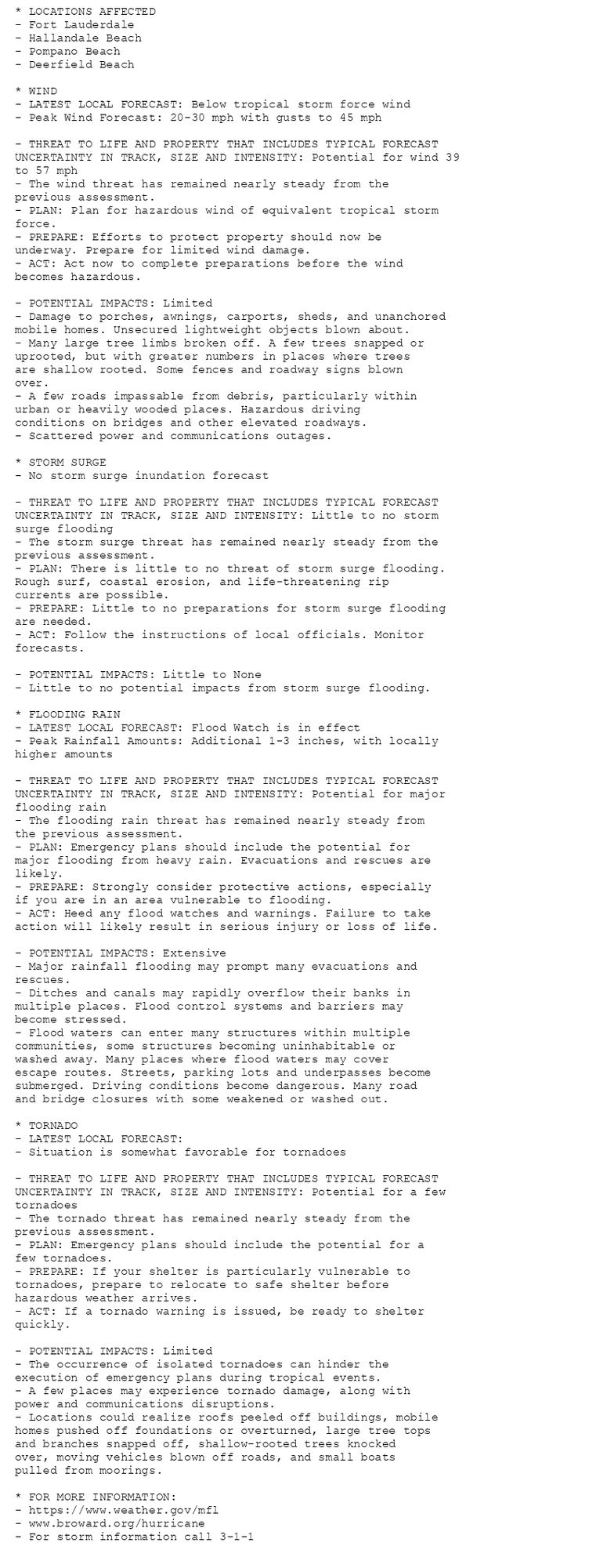 * LOCATIONS AFFECTED
- Fort Lauderdale
- Hallandale Beach
- Pompano Beach
- Deerfield Beach

* WIND
- LATEST LOCAL FORECAST: Below tropical storm force wind
- Peak Wind Forecast: 20-30 mph with gusts to 45 mph

- THREAT TO LIFE AND PROPERTY THAT INCLUDES TYPICAL FORECAST
UNCERTAINTY IN TRACK, SIZE AND INTENSITY: Potential for wind 39
to 57 mph
- The wind threat has remained nearly steady from the
previous assessment.
- PLAN: Plan for hazardous wind of equivalent tropical storm
force.
- PREPARE: Efforts to protect property should now be
underway. Prepare for limited wind damage.
- ACT: Act now to complete preparations before the wind
becomes hazardous.

- POTENTIAL IMPACTS: Limited
- Damage to porches, awnings, carports, sheds, and unanchored
mobile homes. Unsecured lightweight objects blown about.
- Many large tree limbs broken off. A few trees snapped or
uprooted, but with greater numbers in places where trees
are shallow rooted. Some fences and roadway signs blown
over.
- A few roads impassable from debris, particularly within
urban or heavily wooded places. Hazardous driving
conditions on bridges and other elevated roadways.
- Scattered power and communications outages.

* STORM SURGE
- No storm surge inundation forecast

- THREAT TO LIFE AND PROPERTY THAT INCLUDES TYPICAL FORECAST
UNCERTAINTY IN TRACK, SIZE AND INTENSITY: Little to no storm
surge flooding
- The storm surge threat has remained nearly steady from the
previous assessment.
- PLAN: There is little to no threat of storm surge flooding.
Rough surf, coastal erosion, and life-threatening rip
currents are possible.
- PREPARE: Little to no preparations for storm surge flooding
are needed.
- ACT: Follow the instructions of local officials. Monitor
forecasts.

- POTENTIAL IMPACTS: Little to None
- Little to no potential impacts from storm surge flooding.

* FLOODING RAIN
- LATEST LOCAL FORECAST: Flood Watch is in effect
- Peak Rainfall Amounts: Additional 1-3 inches, with locally
higher amounts

- THREAT TO LIFE AND PROPERTY THAT INCLUDES TYPICAL FORECAST
UNCERTAINTY IN TRACK, SIZE AND INTENSITY: Potential for major
flooding rain
- The flooding rain threat has remained nearly steady from
the previous assessment.
- PLAN: Emergency plans should include the potential for
major flooding from heavy rain. Evacuations and rescues are
likely.
- PREPARE: Strongly consider protective actions, especially
if you are in an area vulnerable to flooding.
- ACT: Heed any flood watches and warnings. Failure to take
action will likely result in serious injury or loss of life.

- POTENTIAL IMPACTS: Extensive
- Major rainfall flooding may prompt many evacuations and
rescues.
- Ditches and canals may rapidly overflow their banks in
multiple places. Flood control systems and barriers may
become stressed.
- Flood waters can enter many structures within multiple
communities, some structures becoming uninhabitable or
washed away. Many places where flood waters may cover
escape routes. Streets, parking lots and underpasses become
submerged. Driving conditions become dangerous. Many road
and bridge closures with some weakened or washed out.

* TORNADO
- LATEST LOCAL FORECAST:
- Situation is somewhat favorable for tornadoes

- THREAT TO LIFE AND PROPERTY THAT INCLUDES TYPICAL FORECAST
UNCERTAINTY IN TRACK, SIZE AND INTENSITY: Potential for a few
tornadoes
- The tornado threat has remained nearly steady from the
previous assessment.
- PLAN: Emergency plans should include the potential for a
few tornadoes.
- PREPARE: If your shelter is particularly vulnerable to
tornadoes, prepare to relocate to safe shelter before
hazardous weather arrives.
- ACT: If a tornado warning is issued, be ready to shelter
quickly.

- POTENTIAL IMPACTS: Limited
- The occurrence of isolated tornadoes can hinder the
execution of emergency plans during tropical events.
- A few places may experience tornado damage, along with
power and communications disruptions.
- Locations could realize roofs peeled off buildings, mobile
homes pushed off foundations or overturned, large tree tops
and branches snapped off, shallow-rooted trees knocked
over, moving vehicles blown off roads, and small boats
pulled from moorings.

* FOR MORE INFORMATION:
- https://www.weather.gov/mfl
- www.broward.org/hurricane
- For storm information call 3-1-1