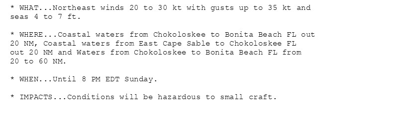 * WHAT...Northeast winds 20 to 30 kt with gusts up to 35 kt and
seas 4 to 7 ft.

* WHERE...Coastal waters from Chokoloskee to Bonita Beach FL out
20 NM, Coastal waters from East Cape Sable to Chokoloskee FL
out 20 NM and Waters from Chokoloskee to Bonita Beach FL from
20 to 60 NM.

* WHEN...Until 8 PM EDT Sunday.

* IMPACTS...Conditions will be hazardous to small craft.