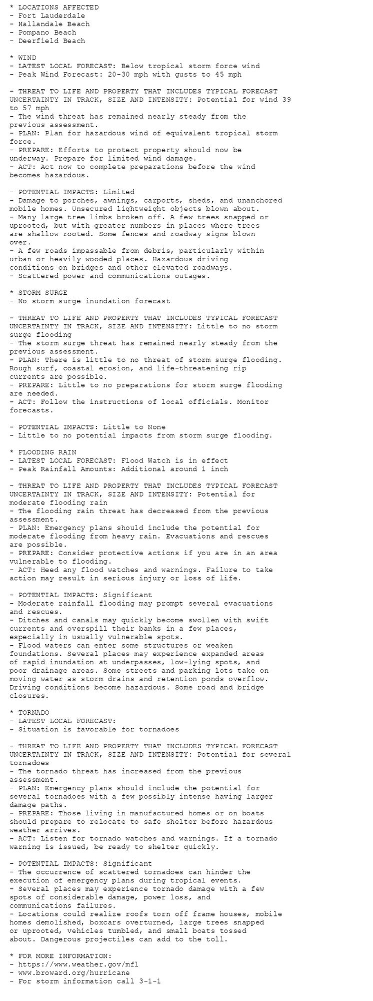 * LOCATIONS AFFECTED
- Fort Lauderdale
- Hallandale Beach
- Pompano Beach
- Deerfield Beach

* WIND
- LATEST LOCAL FORECAST: Below tropical storm force wind
- Peak Wind Forecast: 20-30 mph with gusts to 45 mph

- THREAT TO LIFE AND PROPERTY THAT INCLUDES TYPICAL FORECAST
UNCERTAINTY IN TRACK, SIZE AND INTENSITY: Potential for wind 39
to 57 mph
- The wind threat has remained nearly steady from the
previous assessment.
- PLAN: Plan for hazardous wind of equivalent tropical storm
force.
- PREPARE: Efforts to protect property should now be
underway. Prepare for limited wind damage.
- ACT: Act now to complete preparations before the wind
becomes hazardous.

- POTENTIAL IMPACTS: Limited
- Damage to porches, awnings, carports, sheds, and unanchored
mobile homes. Unsecured lightweight objects blown about.
- Many large tree limbs broken off. A few trees snapped or
uprooted, but with greater numbers in places where trees
are shallow rooted. Some fences and roadway signs blown
over.
- A few roads impassable from debris, particularly within
urban or heavily wooded places. Hazardous driving
conditions on bridges and other elevated roadways.
- Scattered power and communications outages.

* STORM SURGE
- No storm surge inundation forecast

- THREAT TO LIFE AND PROPERTY THAT INCLUDES TYPICAL FORECAST
UNCERTAINTY IN TRACK, SIZE AND INTENSITY: Little to no storm
surge flooding
- The storm surge threat has remained nearly steady from the
previous assessment.
- PLAN: There is little to no threat of storm surge flooding.
Rough surf, coastal erosion, and life-threatening rip
currents are possible.
- PREPARE: Little to no preparations for storm surge flooding
are needed.
- ACT: Follow the instructions of local officials. Monitor
forecasts.

- POTENTIAL IMPACTS: Little to None
- Little to no potential impacts from storm surge flooding.

* FLOODING RAIN
- LATEST LOCAL FORECAST: Flood Watch is in effect
- Peak Rainfall Amounts: Additional around 1 inch

- THREAT TO LIFE AND PROPERTY THAT INCLUDES TYPICAL FORECAST
UNCERTAINTY IN TRACK, SIZE AND INTENSITY: Potential for
moderate flooding rain
- The flooding rain threat has decreased from the previous
assessment.
- PLAN: Emergency plans should include the potential for
moderate flooding from heavy rain. Evacuations and rescues
are possible.
- PREPARE: Consider protective actions if you are in an area
vulnerable to flooding.
- ACT: Heed any flood watches and warnings. Failure to take
action may result in serious injury or loss of life.

- POTENTIAL IMPACTS: Significant
- Moderate rainfall flooding may prompt several evacuations
and rescues.
- Ditches and canals may quickly become swollen with swift
currents and overspill their banks in a few places,
especially in usually vulnerable spots.
- Flood waters can enter some structures or weaken
foundations. Several places may experience expanded areas
of rapid inundation at underpasses, low-lying spots, and
poor drainage areas. Some streets and parking lots take on
moving water as storm drains and retention ponds overflow.
Driving conditions become hazardous. Some road and bridge
closures.

* TORNADO
- LATEST LOCAL FORECAST:
- Situation is favorable for tornadoes

- THREAT TO LIFE AND PROPERTY THAT INCLUDES TYPICAL FORECAST
UNCERTAINTY IN TRACK, SIZE AND INTENSITY: Potential for several
tornadoes
- The tornado threat has increased from the previous
assessment.
- PLAN: Emergency plans should include the potential for
several tornadoes with a few possibly intense having larger
damage paths.
- PREPARE: Those living in manufactured homes or on boats
should prepare to relocate to safe shelter before hazardous
weather arrives.
- ACT: Listen for tornado watches and warnings. If a tornado
warning is issued, be ready to shelter quickly.

- POTENTIAL IMPACTS: Significant
- The occurrence of scattered tornadoes can hinder the
execution of emergency plans during tropical events.
- Several places may experience tornado damage with a few
spots of considerable damage, power loss, and
communications failures.
- Locations could realize roofs torn off frame houses, mobile
homes demolished, boxcars overturned, large trees snapped
or uprooted, vehicles tumbled, and small boats tossed
about. Dangerous projectiles can add to the toll.

* FOR MORE INFORMATION:
- https://www.weather.gov/mfl
- www.broward.org/hurricane
- For storm information call 3-1-1