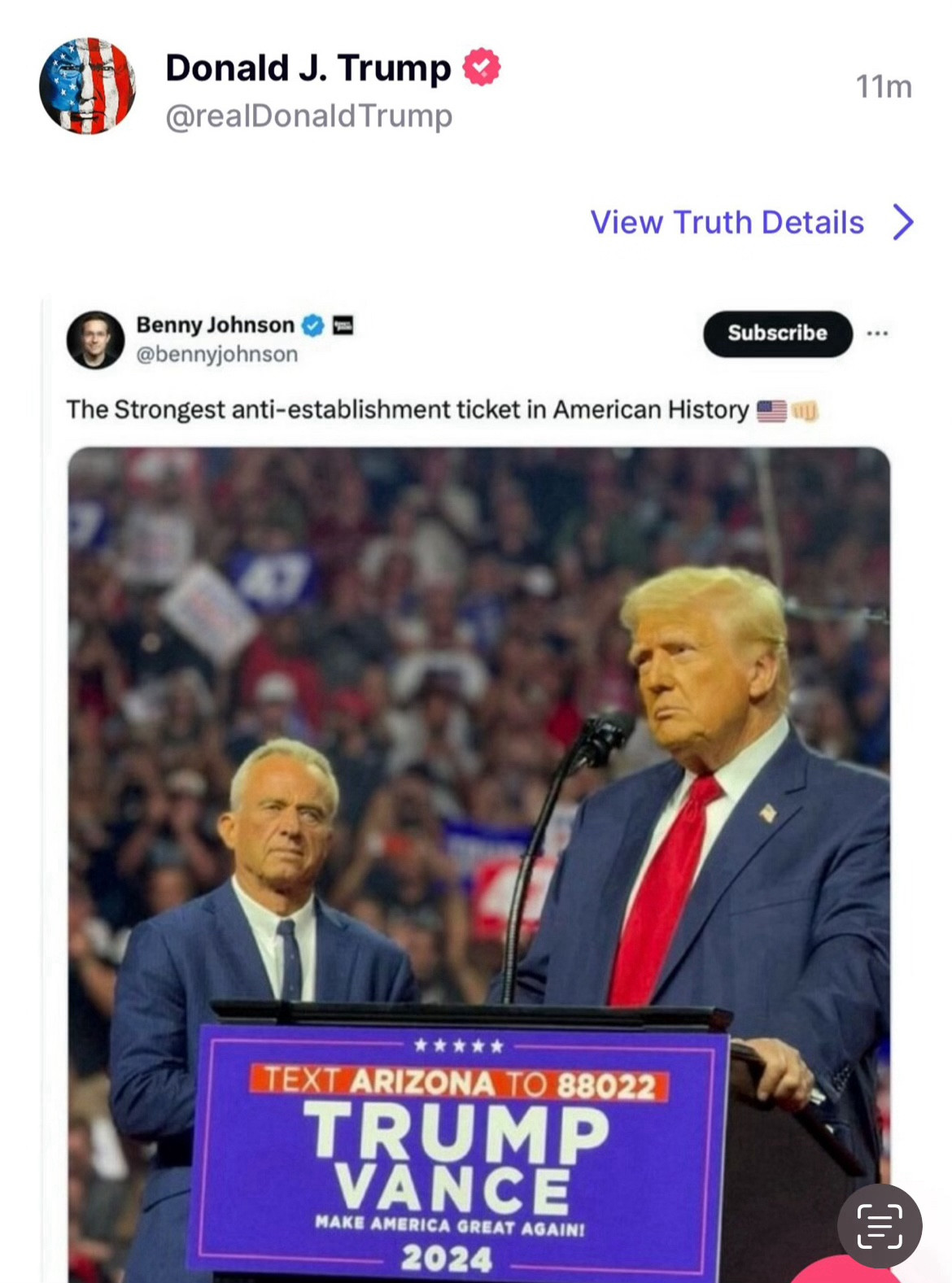 And image of 2 overly spray tanned men. One is Donald Trump. The other is RFK Jr. it’s a “shared” tweet by some weirdo loon named Benny Johnson and it says “the strongest anti establishment ticket in American history”