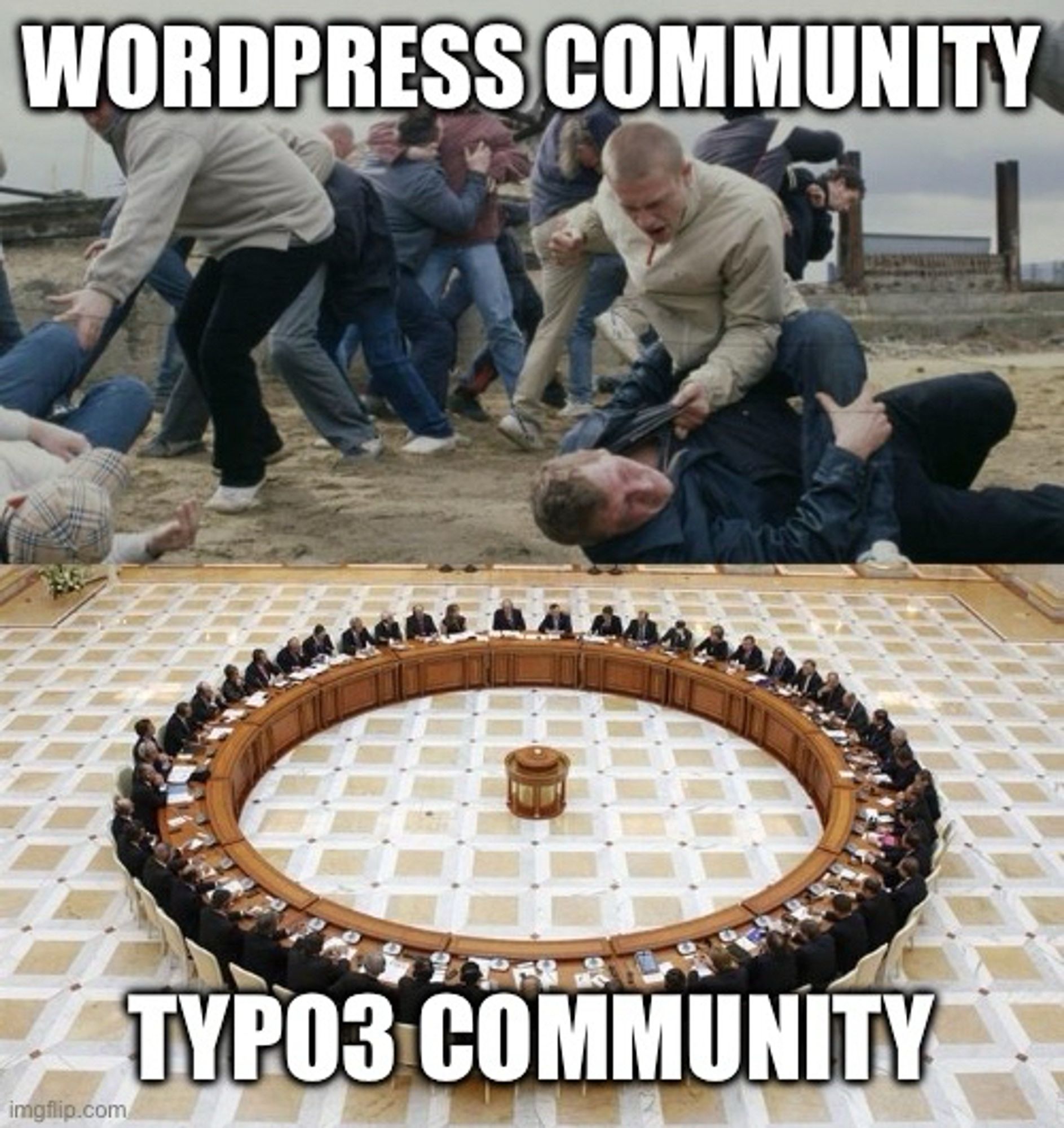 a meme about discussing in wordpress and typo3 community