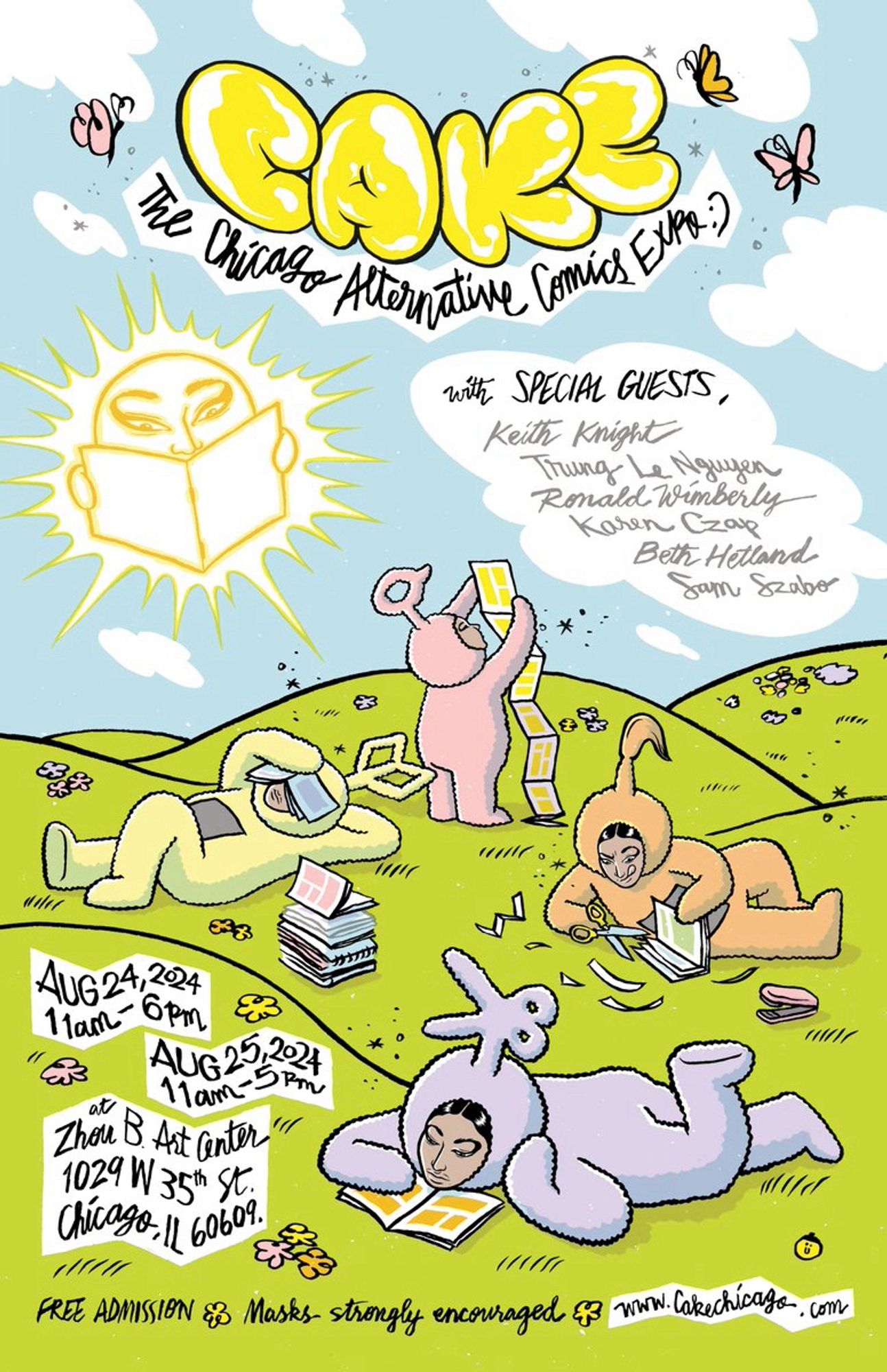 Poster for the comics show “CAKE”, featuring comics makers and readers lounging on rolling green hills, wearing rounded suits with televisions in the tummies