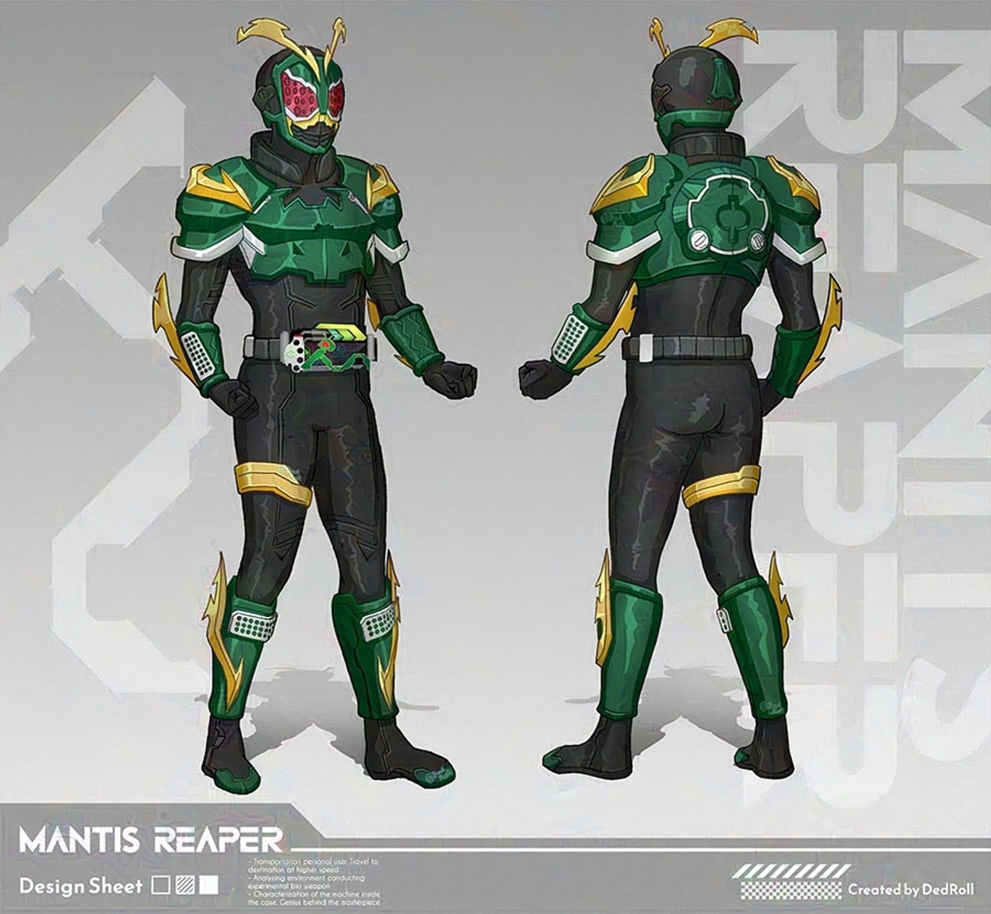 A Kamen Rider OC Character sheet showing 3/4 front and back. Color black suit, with armor mostly dark green, red visor, little white color and some gold/yellow. Inspired by bug Mantis