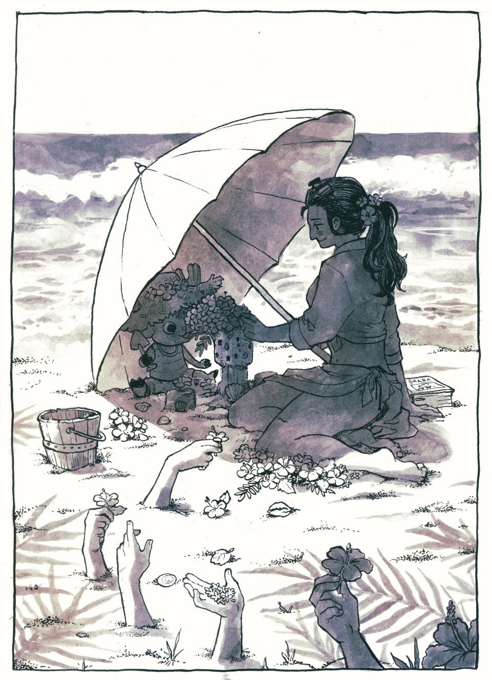 Ink illustration of one piece characters Nico Robin and Tony Tony Chopper making a sand castle replica of the tree of knowledge library from Ohara.