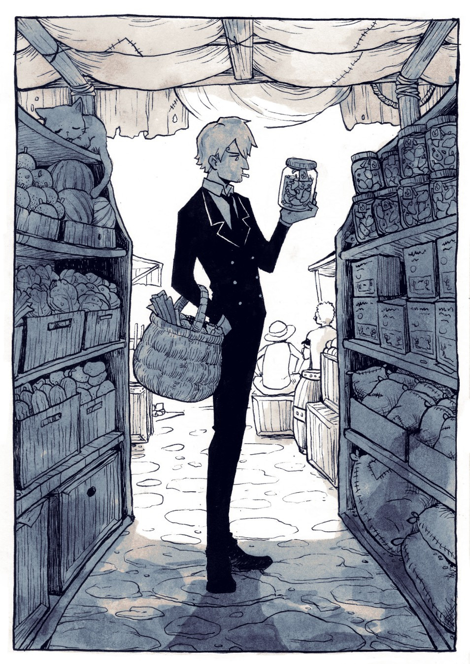 One Piece character Sanji inspecting a jar of pickled pepper in a grocery.