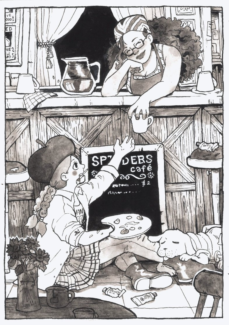 ink drawing of one piece characters miss goldenweek receiving a cup of coffee from miss doublefinger as she paints the menu of the spiders café