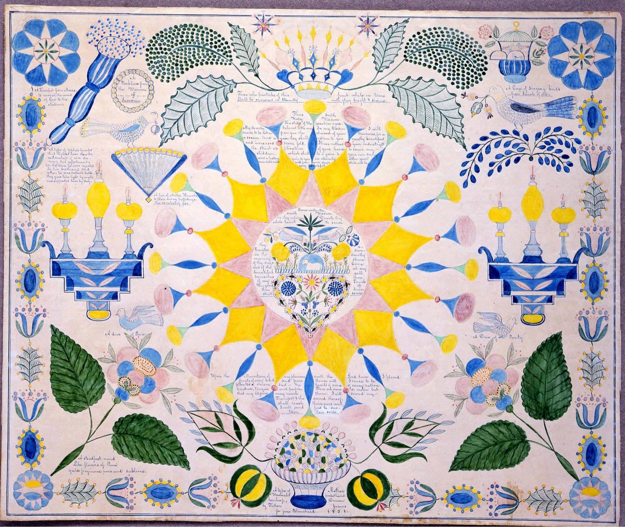 Polly Jane Reed (1818–1881), A Type of Mother an illustration depicting a sun like figure in the center with botanical illustrations in the corners. Hannah’s Pocket Handkerchief, New Lebanon, New York, 1851, Ink and watercolor on paper, 23 5/8 x 26 in. (framed), Andrews Collection, Hancock Shaker Village, Massachusetts, 63.126.1.