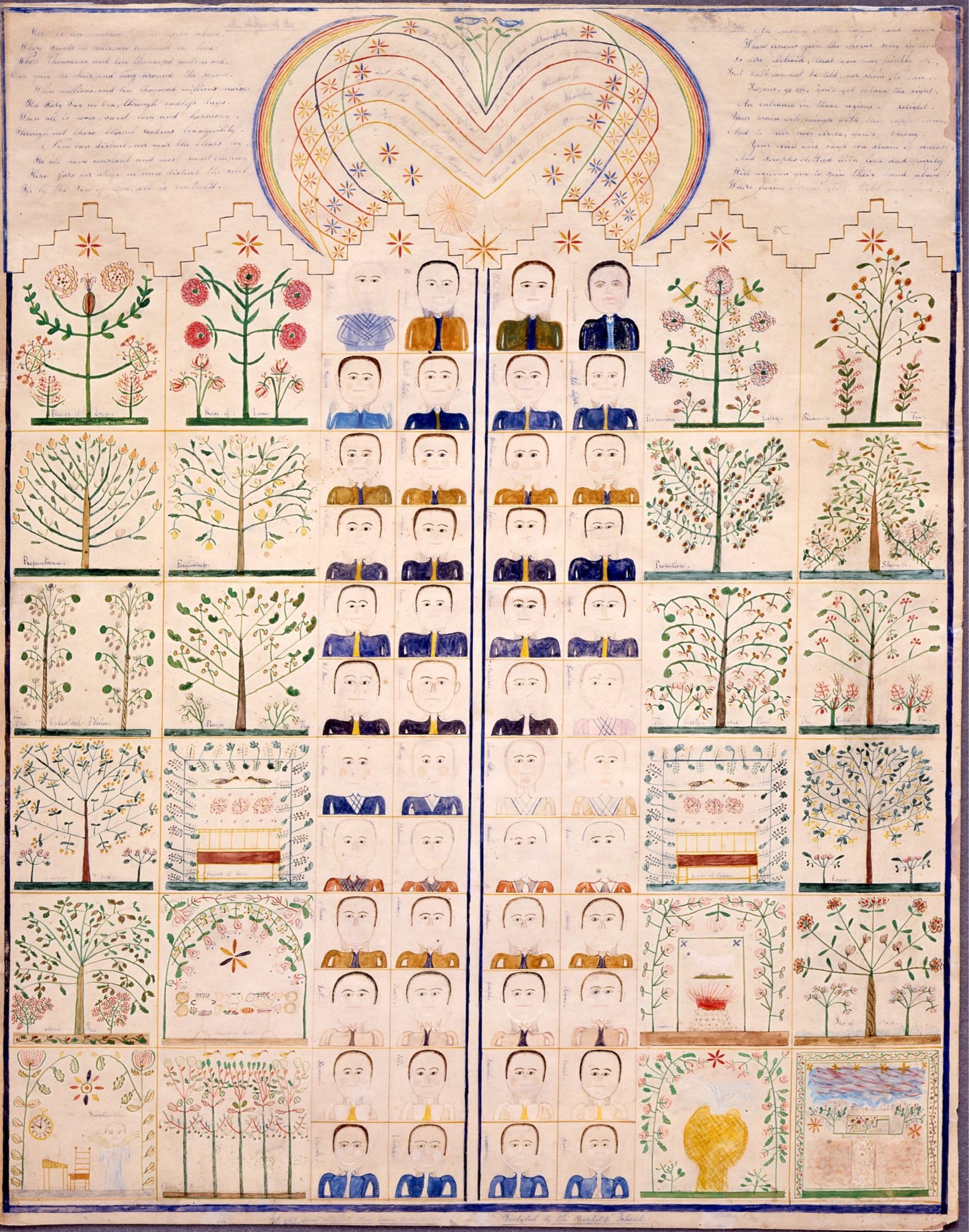 Polly Collins (1808–1884), An Emblem of the a grid of family tree like illustrations. Heavenly Sphere, Hancock, Massachusetts, 1854, Ink and watercolor on paper, 31 11/16 x 26 1/8 in. (framed), Andrews Collection, Hancock Shaker Village, Massachusetts, 1963.113.