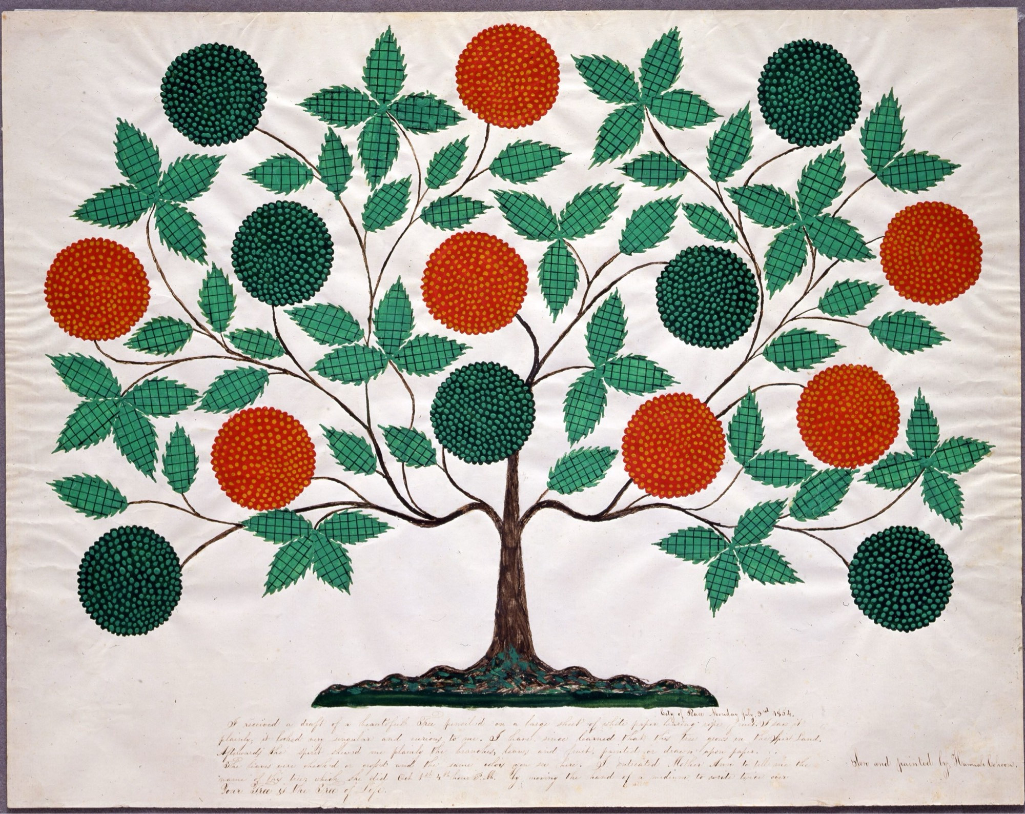 Hannah Cohoon (1788–1864), The Tree of Life, an illustration depicting a tree with orange and green spherical fruits. Hancock, Massachusetts, 1854, Ink and watercolor on paper, 25 3/25 x 29 13/16 in. (framed), Andrews Collection, Hancock Shaker Village, Massachusetts, 1963.117.