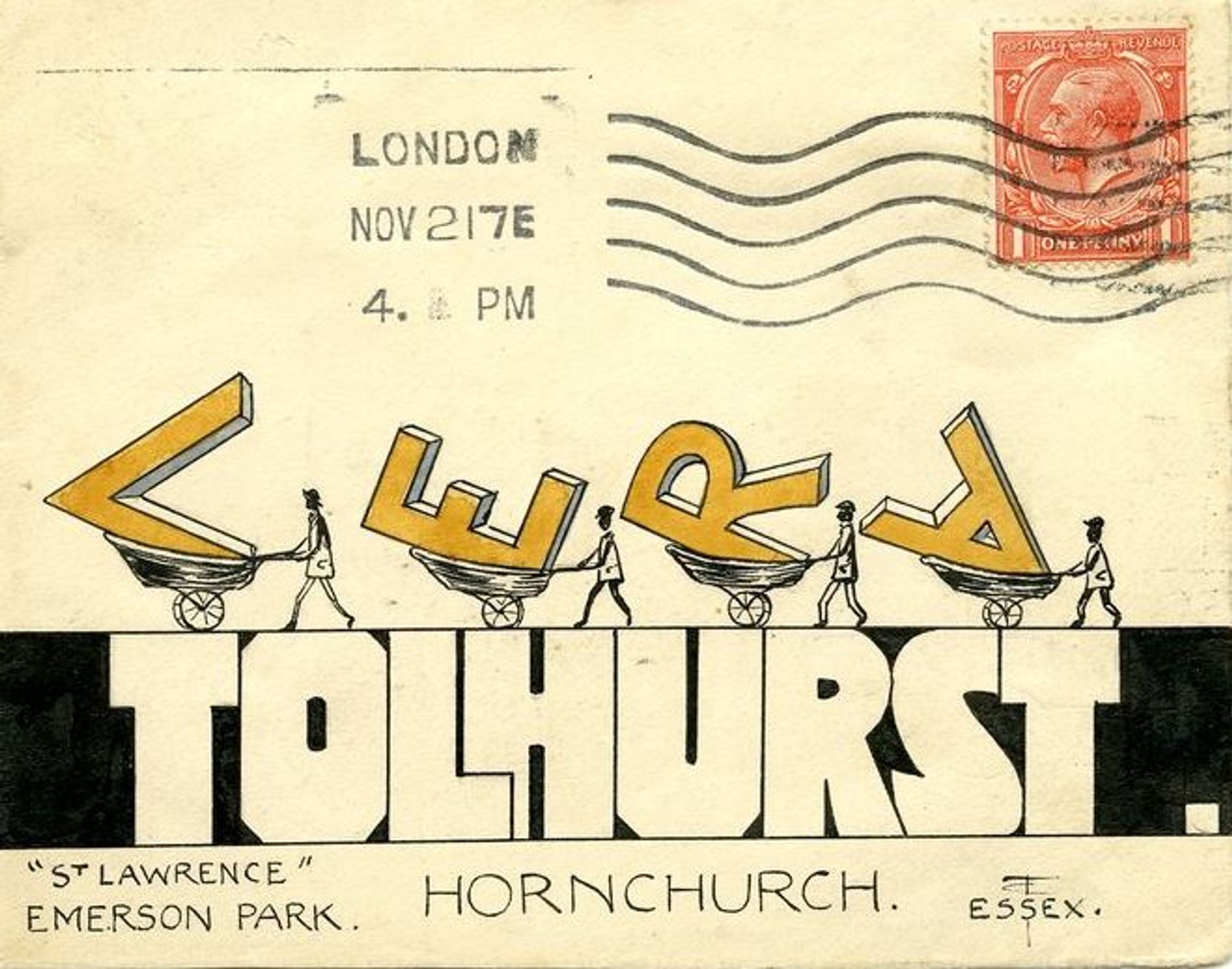 Envelope to Vera Tolhurst - name written in block letters wheeled in by little people