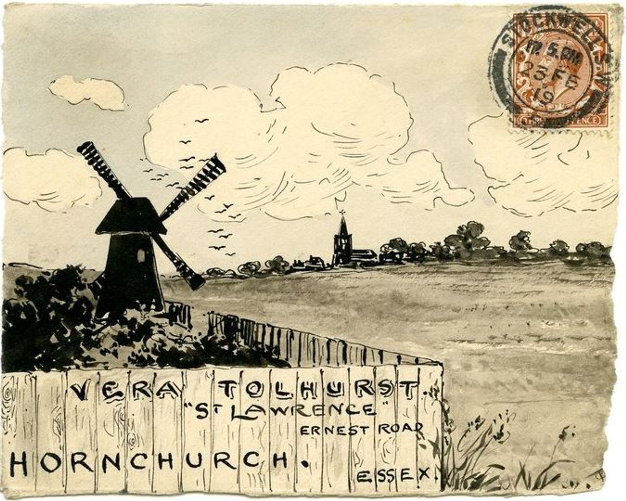 Envelope depicting a field and windmill