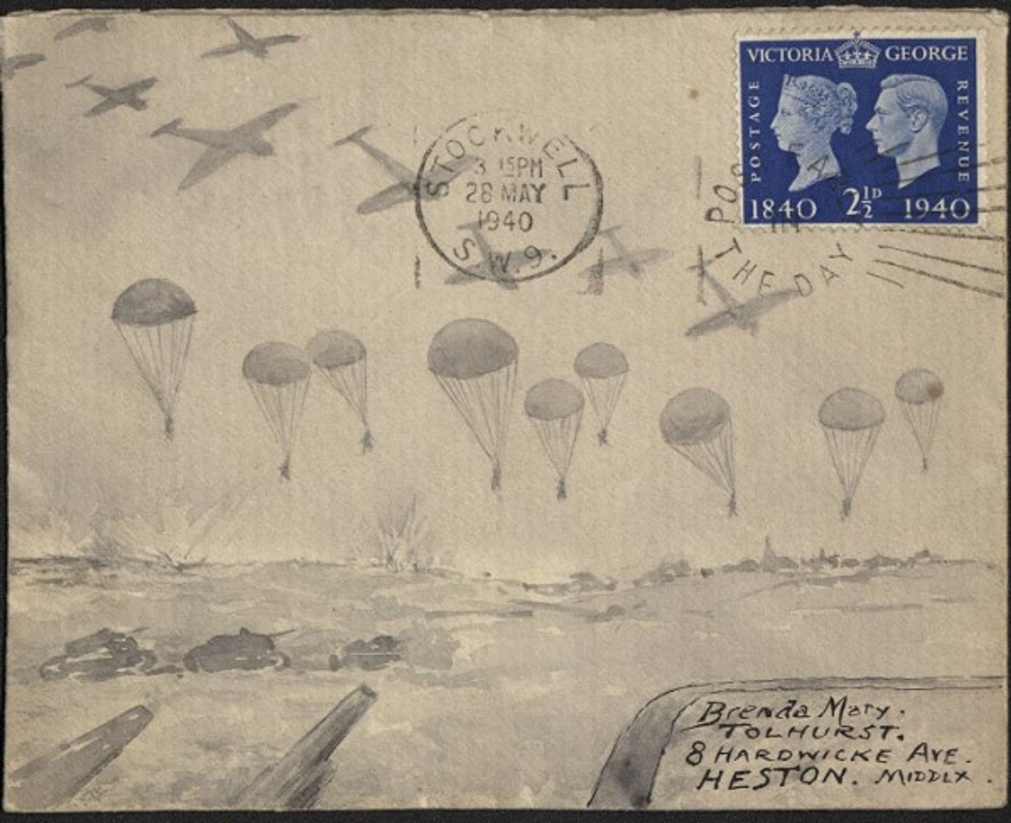 Envelope depicting airplanes + paratroopers