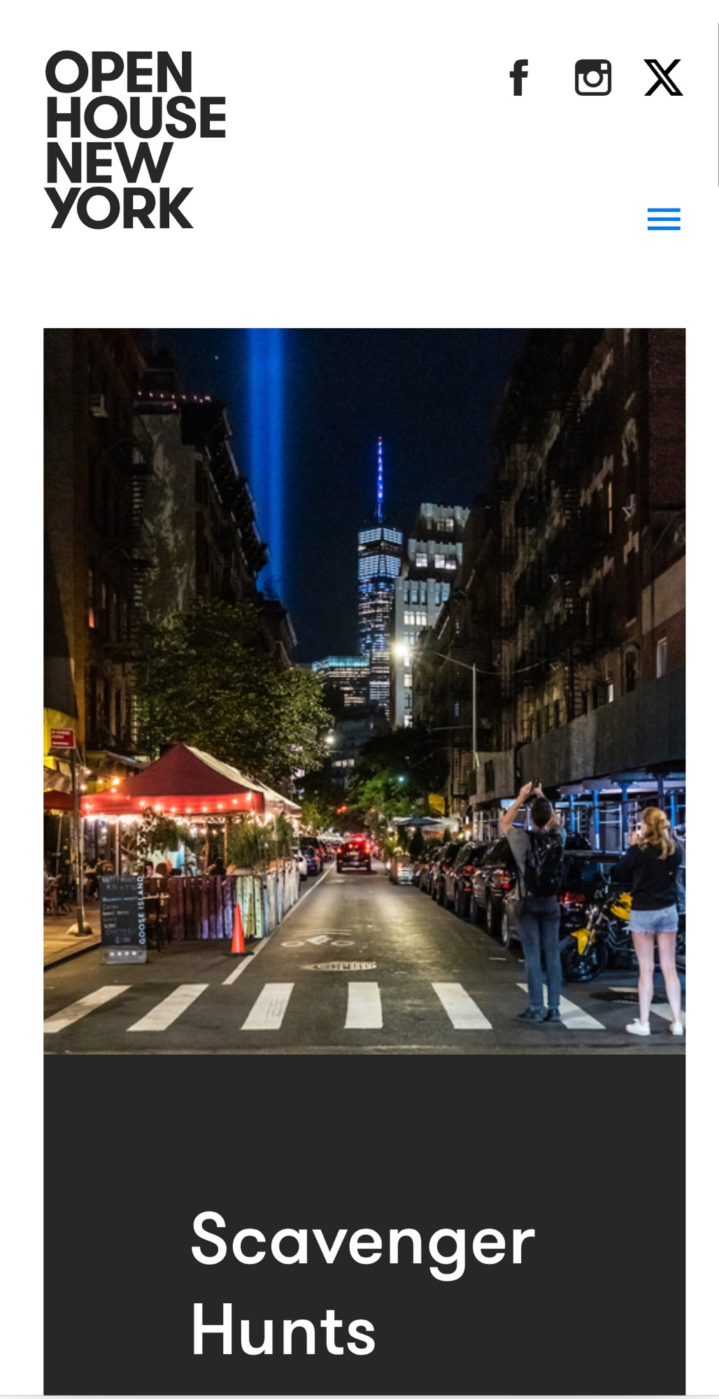 A photo of a night market text: Open House New York / Scavenger Hunts 