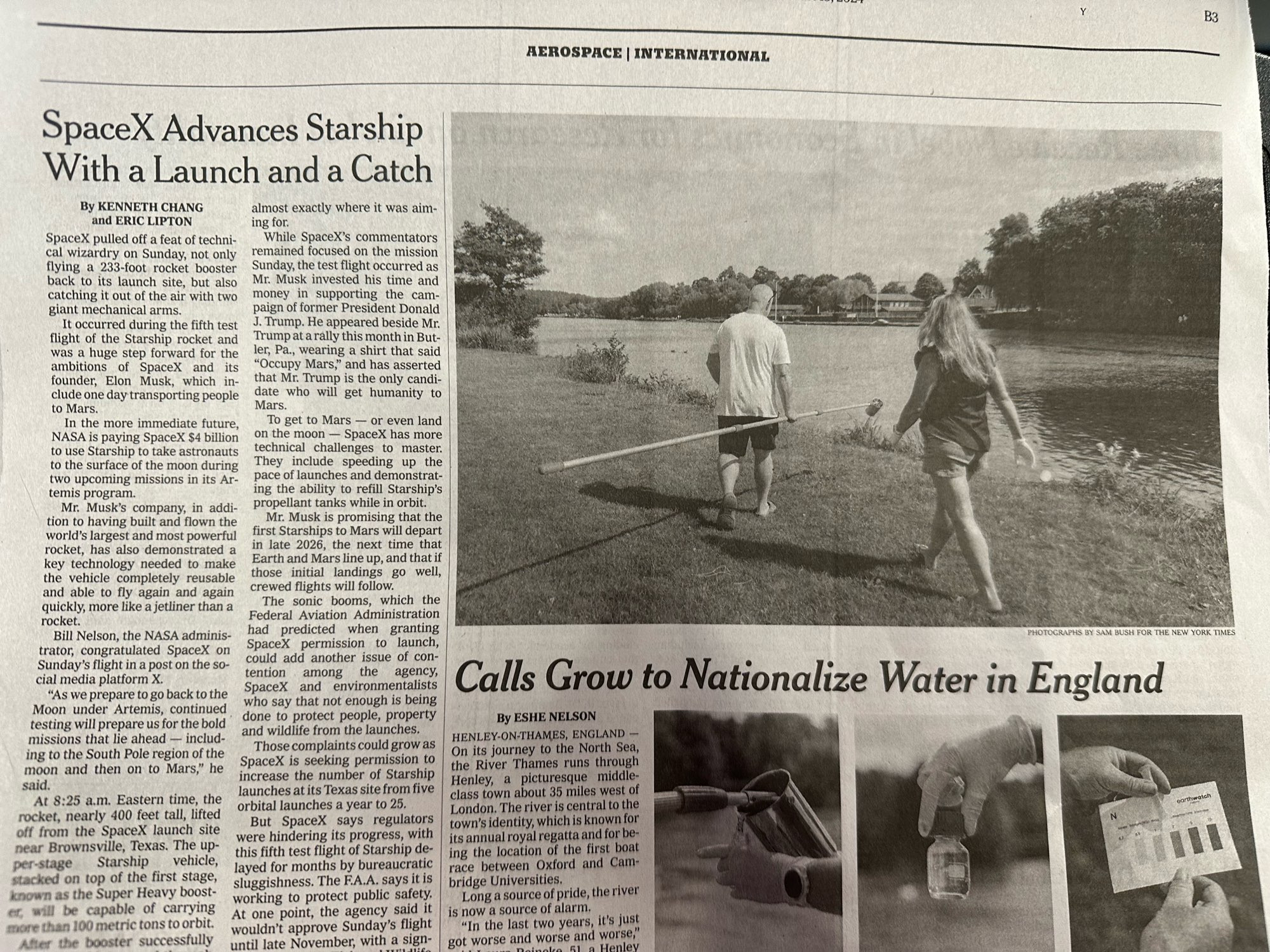 A photo of a page of The NY Times showing an article about SpaceX’s collab with NASA, alongside an article about call in the UK to nationalize water 