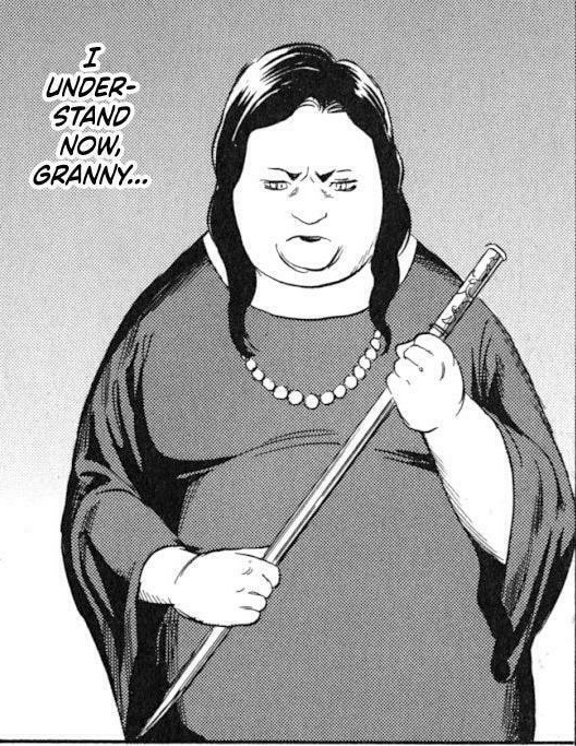 The same woman from the first image in a panel from a panel in Kurosagi Corpse Delivery Service. She is holding the iron spike and looking determined.