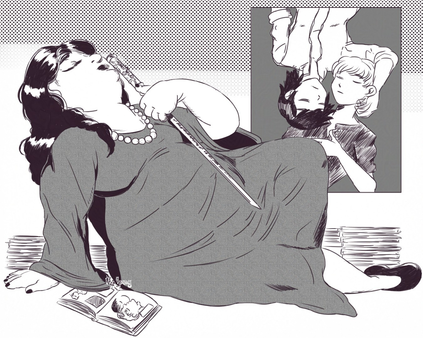 A curvy heavy set woman reclines back diva style while holding a large ornate iron stake. She wears a dark coloured dress and a pearl necklace. She is surrounded by BL/yaoi manga and a poster. The image is black and white with screentones.