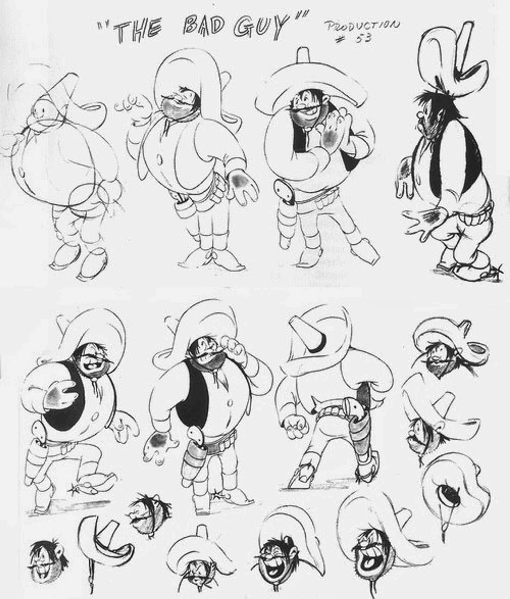 Sketches for The Bad Guy, showing elements of character design that would end up informing Gordo a year later.