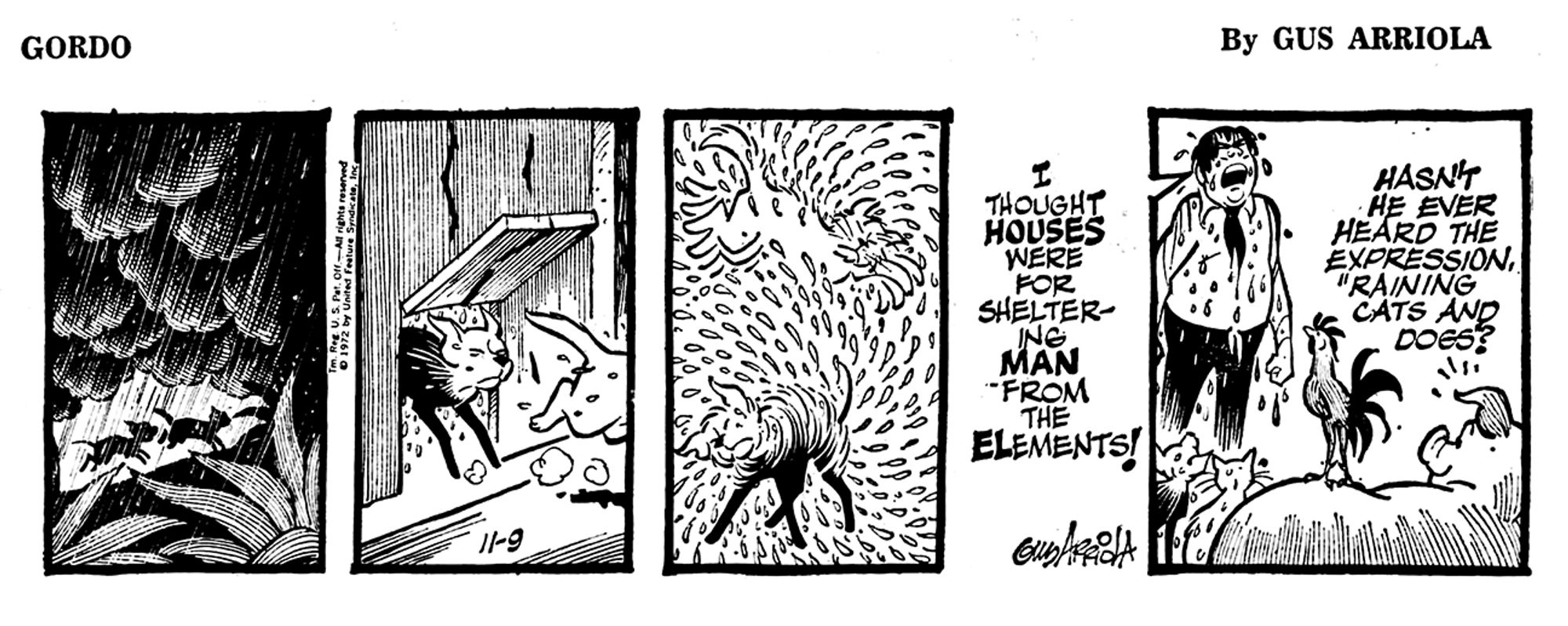 Gordo by Gus Arriola, 11/9/1972. Poosy Gato and Señor Dog run into the house after being drenched in a torrential downpour. After they shake themselves dry, a wet Gordo complains "I thought HOUSES were for sheltering MAN from the ELements!" to which Pig replies "Hasn't he ever heard the expression 'Raining cats and dogs'?"