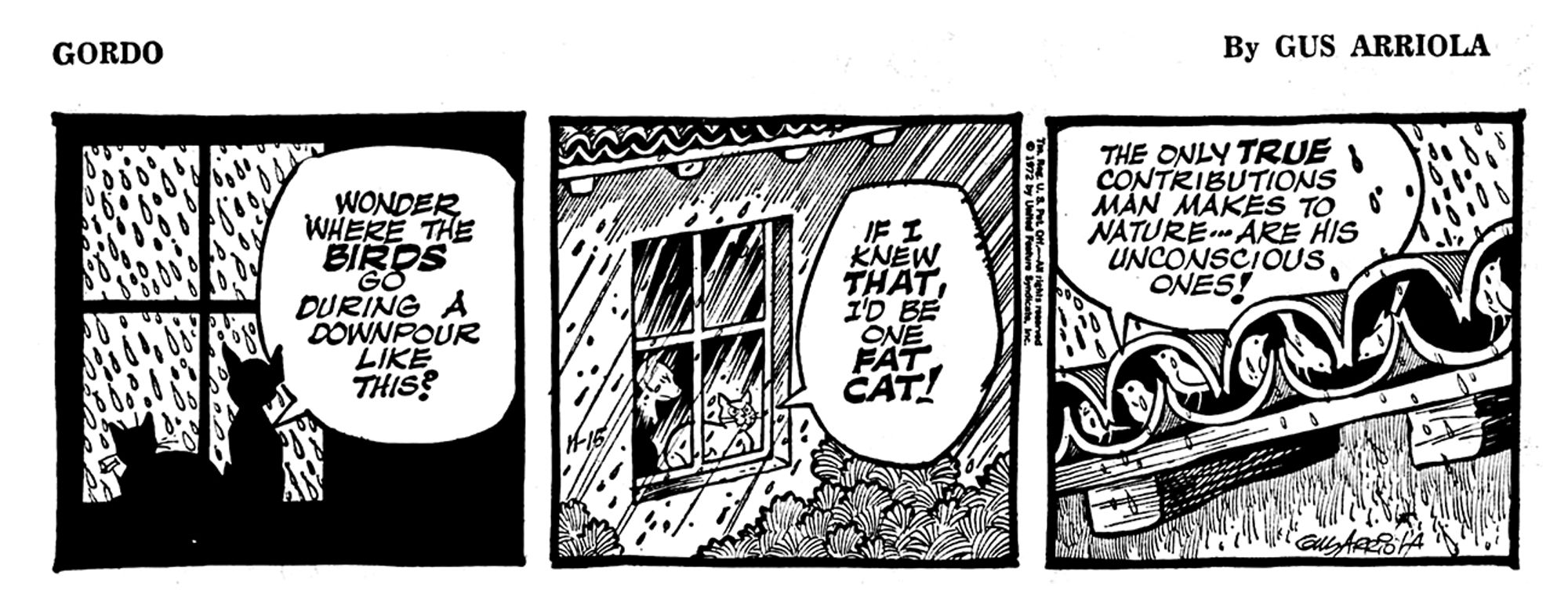 Señor Dog and Poosy Gato watch the rain and ponder:

Señor Dog: Wonder where the birds go during a downpour like this?
Poosy Gato: If I knew that, I'd be one fat cat!
Birds, hiding under the tiles of Gordo's roof: The only true contributions man makes to nature -- are his unconscious ones!