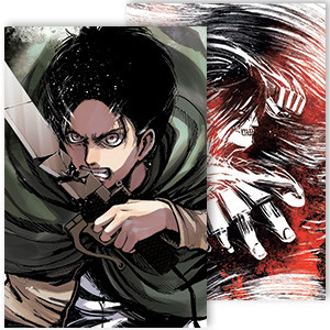 Photo of the double-sided poster included in the Attack on Titan Season 2 manga box set. One side features Eren biting down on a broken vertical maneuvering gear blade and the other side features Titan Eren against a black and red background.