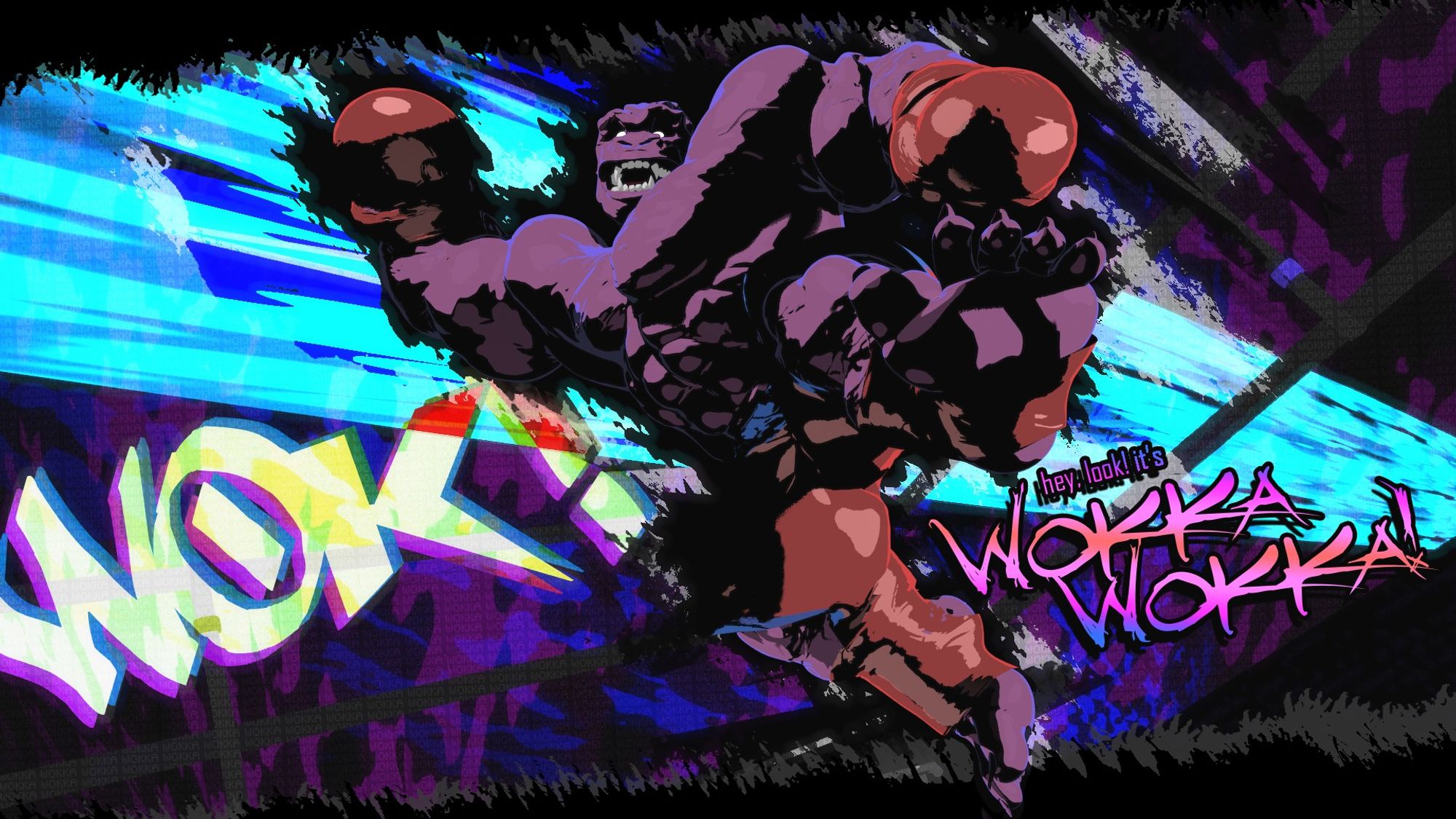 A wallpaper sized image made for Boxing Gorilla Day (hosted by Matthew Smith), showing a 3D rendered character with artistic and stylistic shading and a chaotic background. The image is a collage of blacks, purples, blues, cyans and whites, exploding at an angle that adds a dynamic sensation, as the character Wokka Wokka (a hairless, musclebound, purple space gorilla with glowing white eyes and a wide open smiling mouth, wearing red boxing shorts, foot wraps, and boxing gloves) leaps upon the viewer with one fist raised in what would be a devastating haymaker. Text in the foreground reads "hey look, it's Wokka Wokka!", while there's other text in bright bold letters stating "WOK!", and a pattern of 'Wokka' repeated non-stop in a way that is very subtle, but scattered across the entire image.